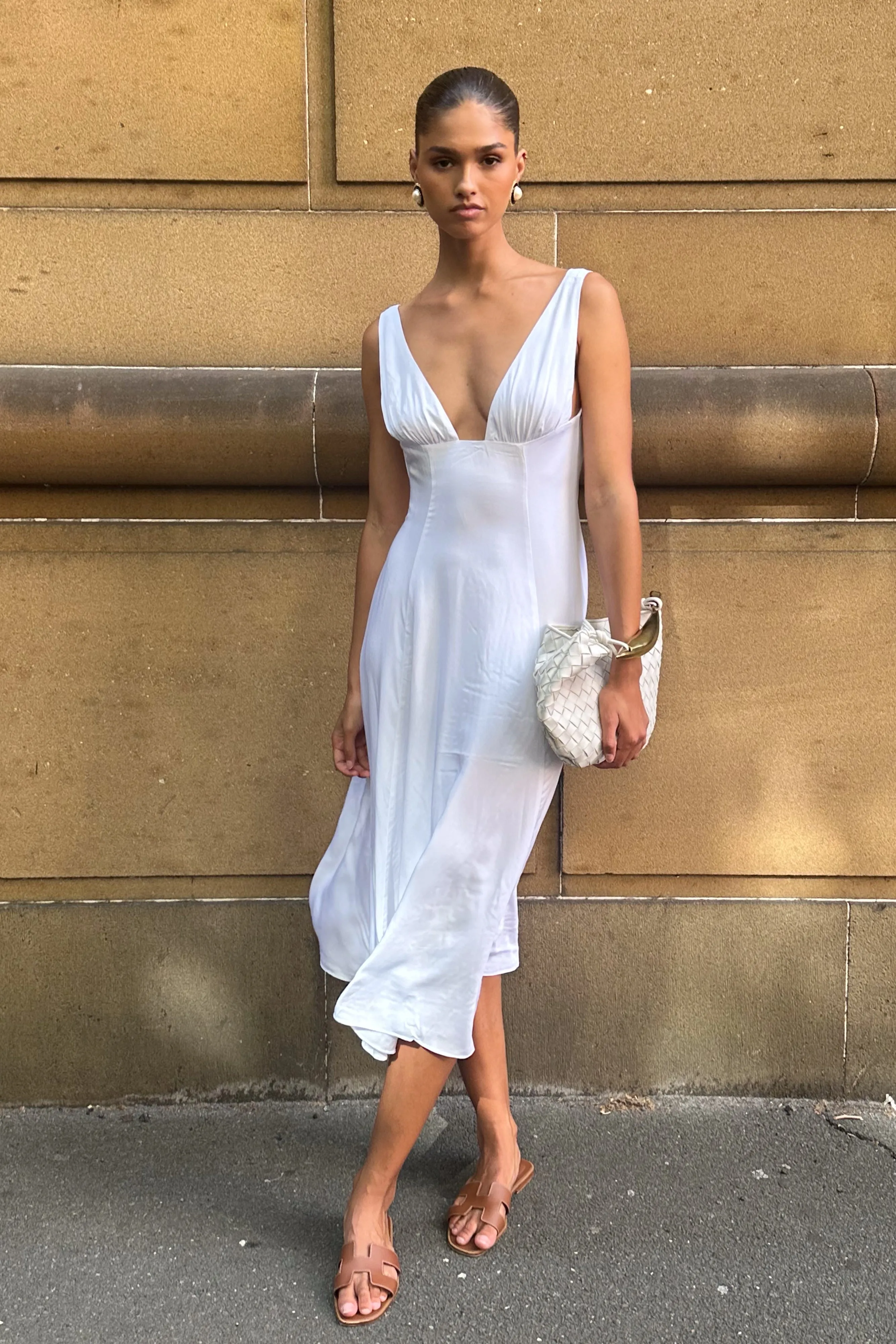 Soledad Gathered Midi Dress - White sold by Meshki