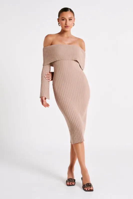 Stefania Off Shoulder Knit Dress - Taupe sold by Meshki
