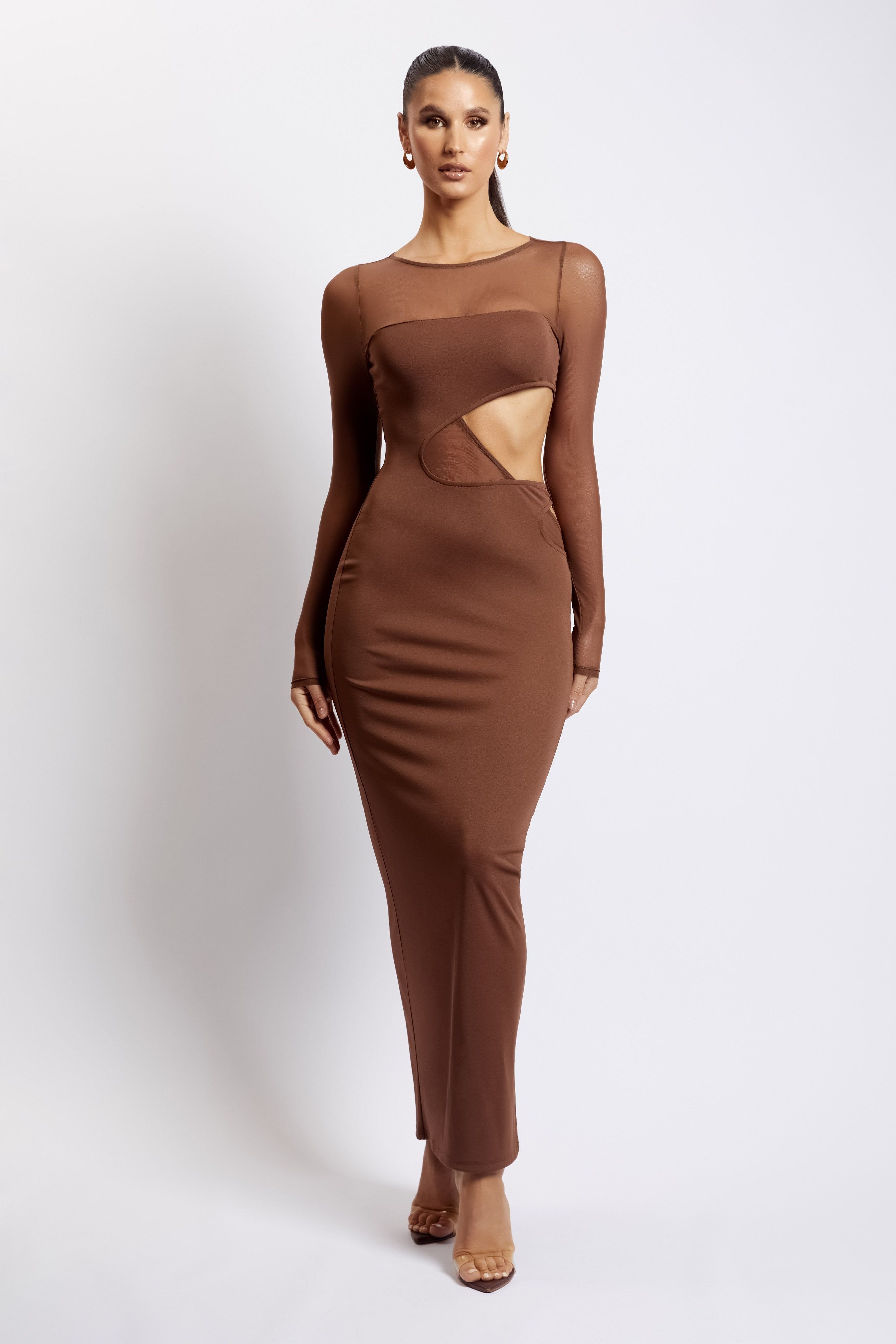 Florencia Long Sleeve Mesh Maxi Dress With Cut Outs - Chocolate sold by Meshki