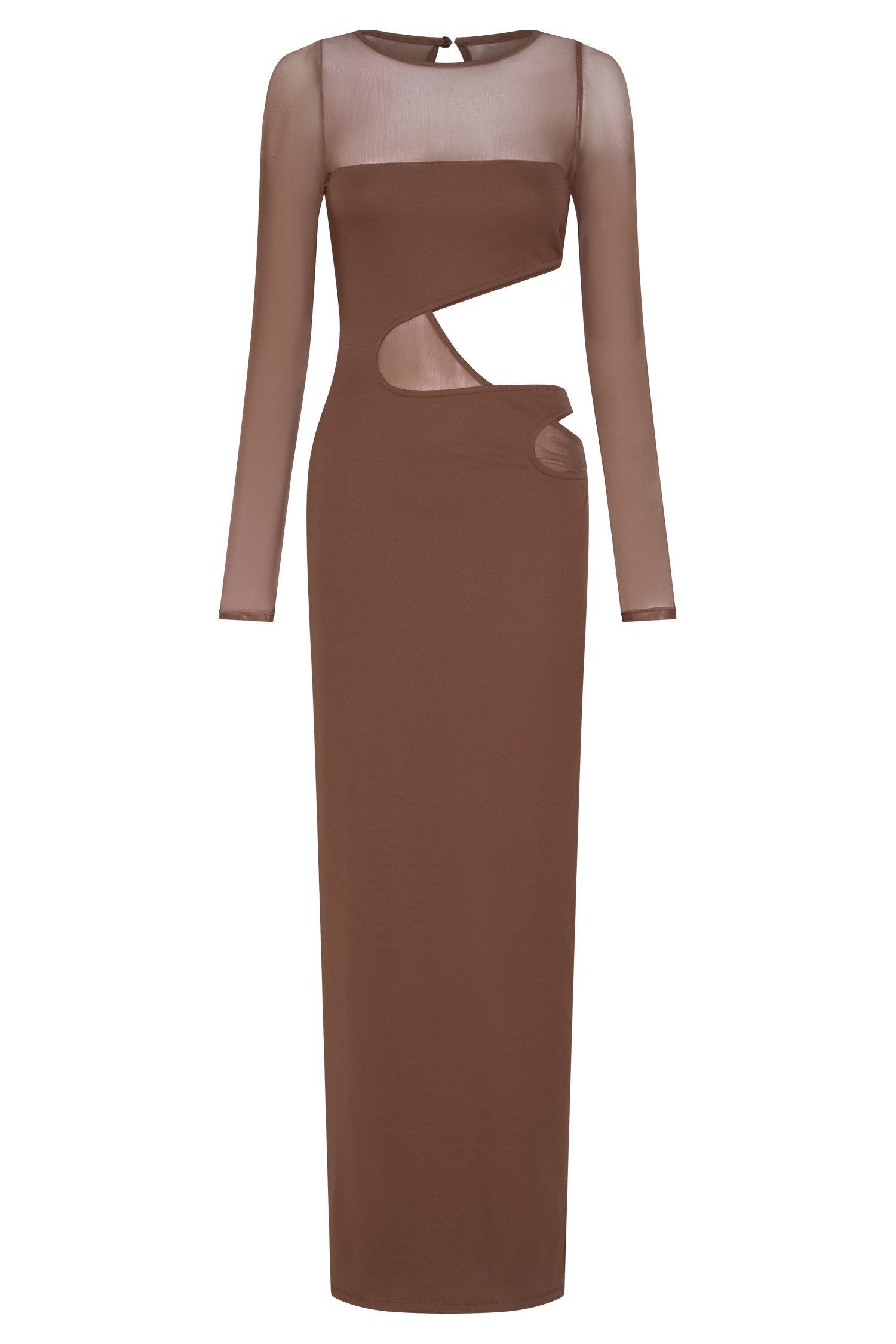 Florencia Long Sleeve Mesh Maxi Dress With Cut Outs - Chocolate sold by Meshki product image thumbnail 8