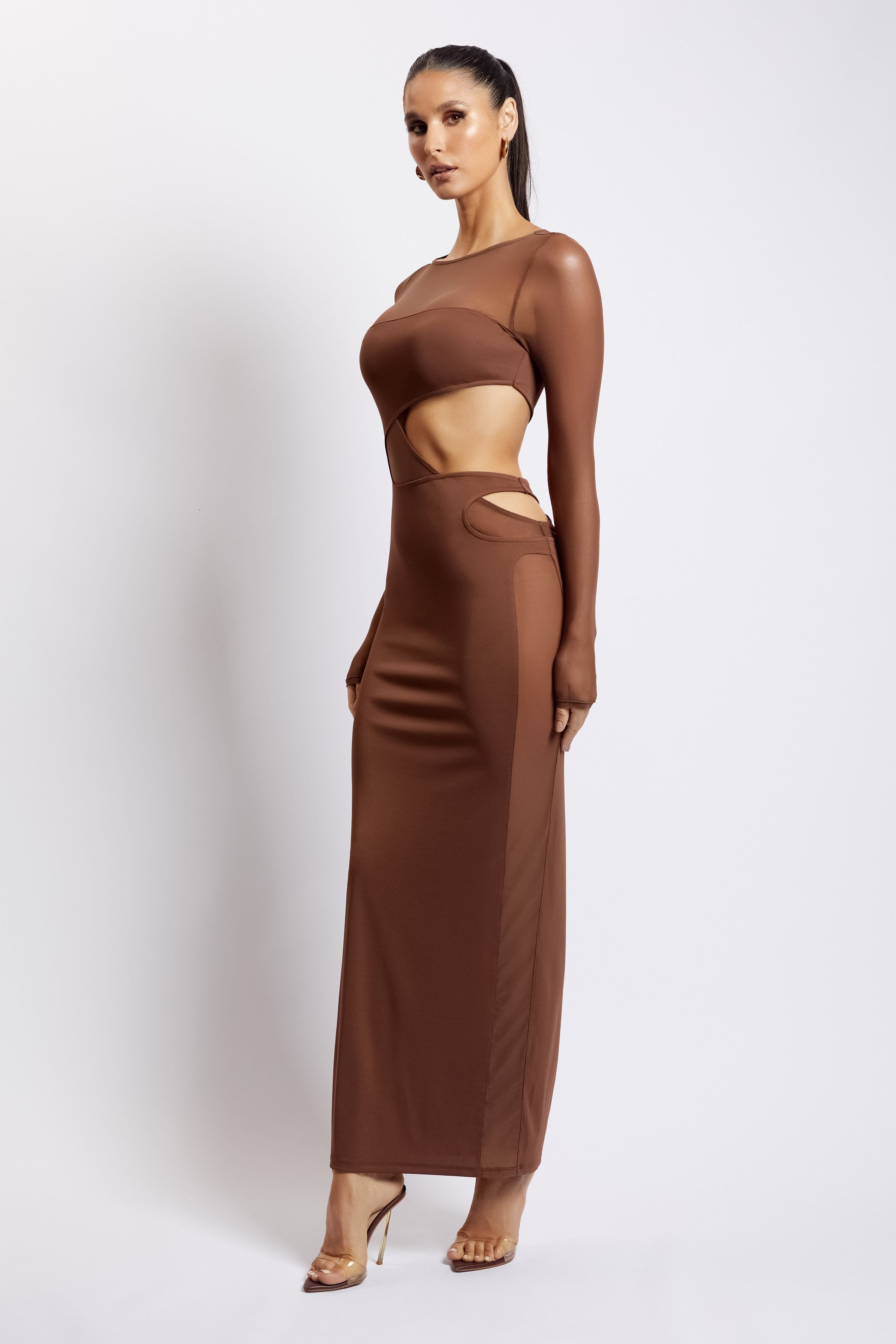 Florencia Long Sleeve Mesh Maxi Dress With Cut Outs - Chocolate sold by Meshki product image thumbnail 2