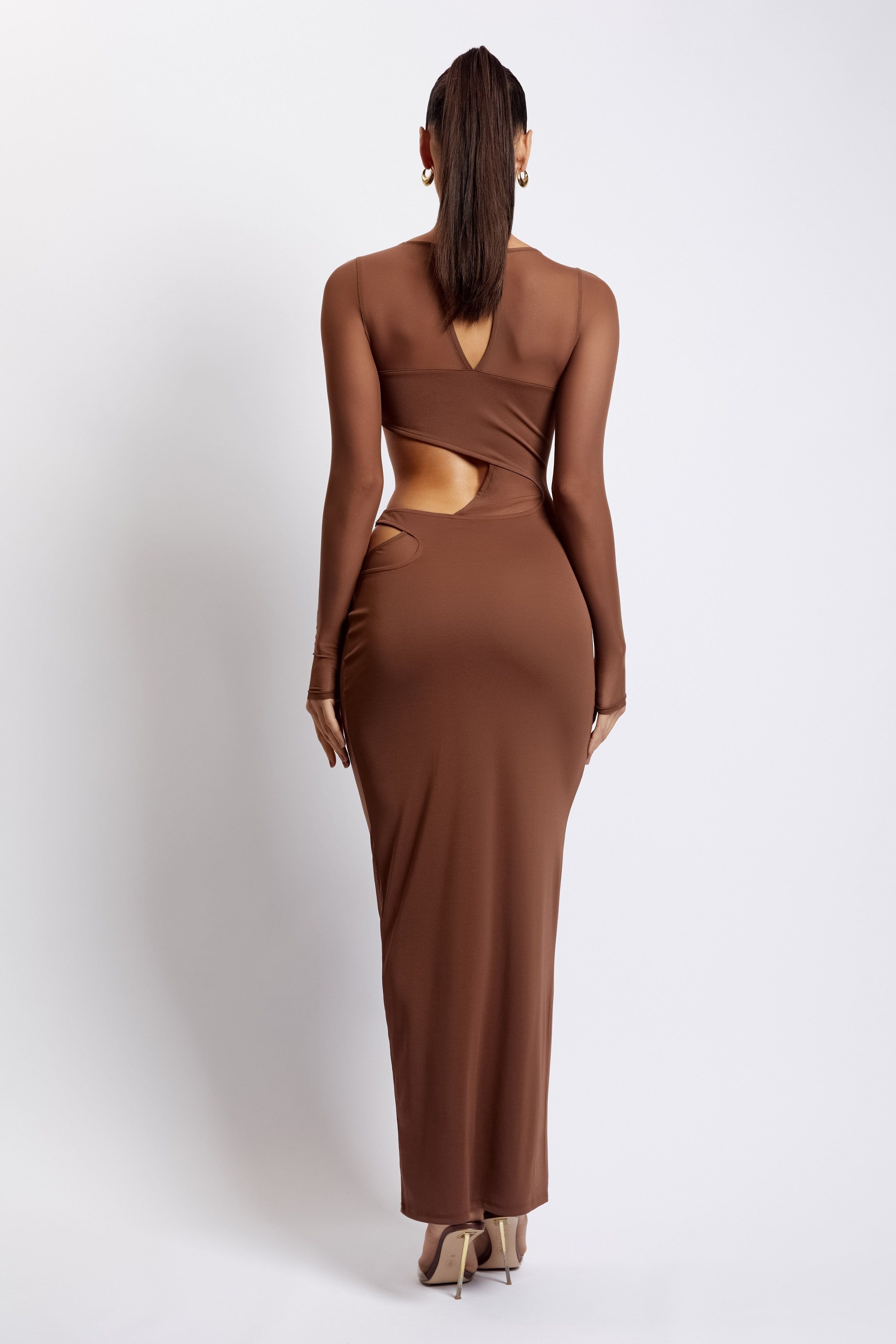 Florencia Long Sleeve Mesh Maxi Dress With Cut Outs - Chocolate sold by Meshki product image thumbnail 3