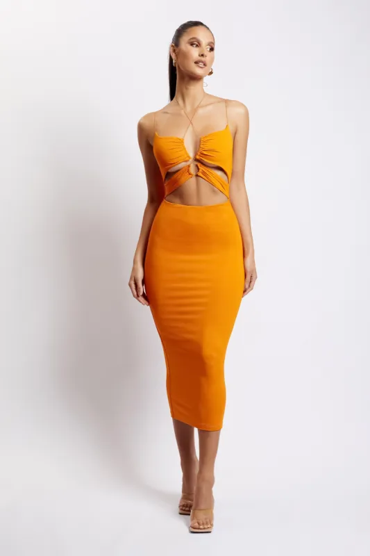 Indiana Ruched Cut Out Midi Dress - Mandarin sold by Meshki