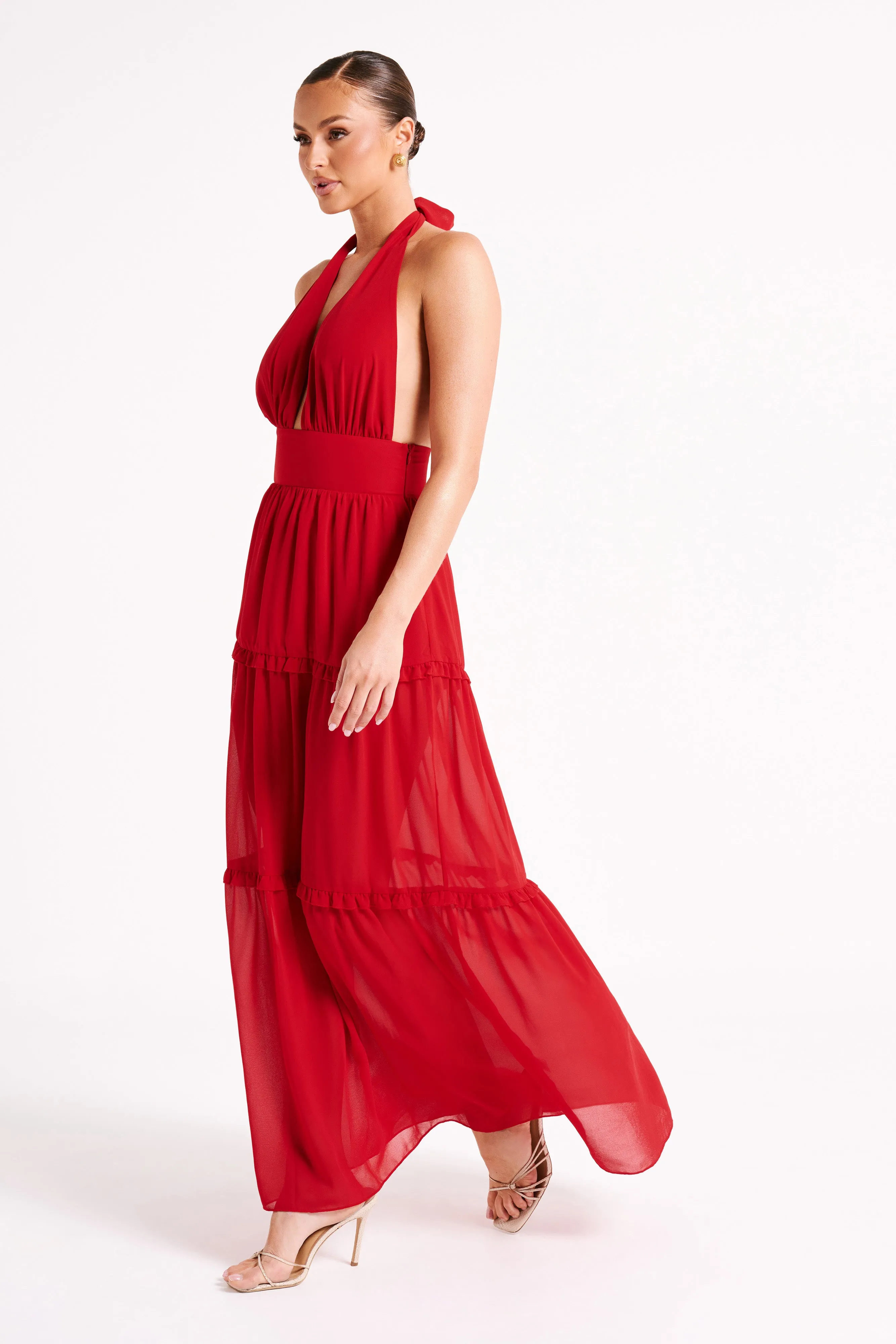 Marianna Tiered Halter Maxi Dress - Vermilion Red sold by Meshki product image thumbnail 5