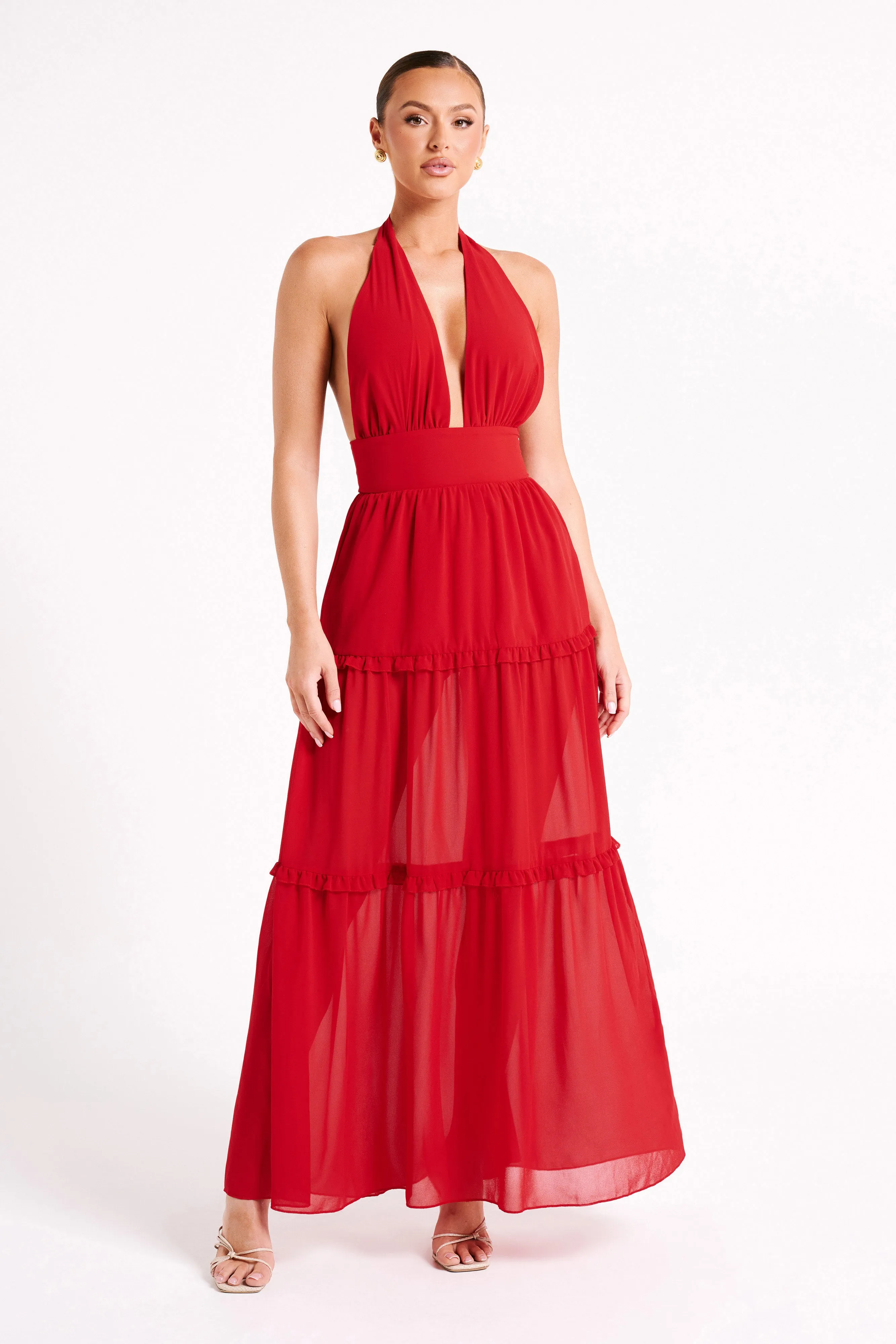 Marianna Tiered Halter Maxi Dress - Vermilion Red sold by Meshki product image thumbnail 2