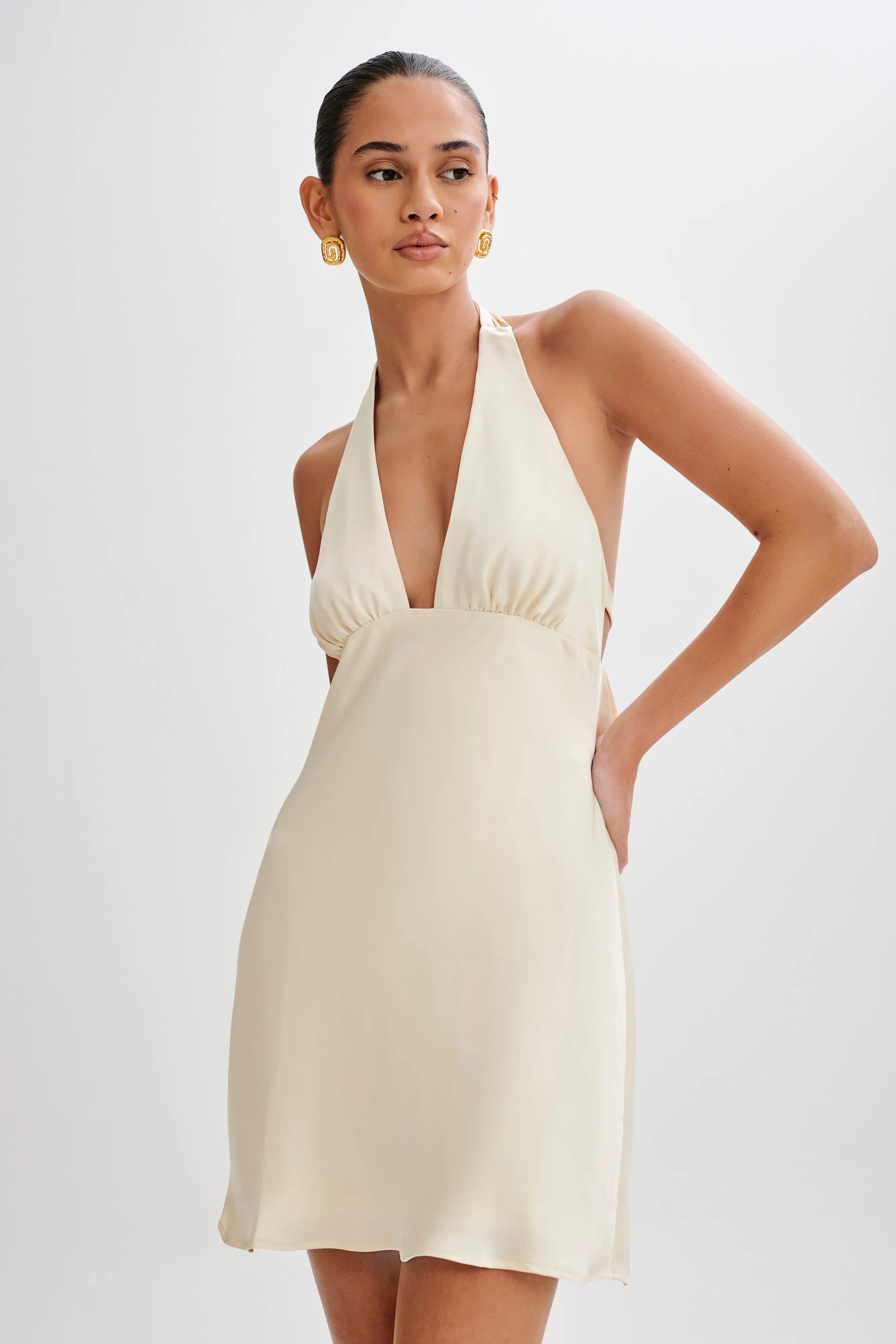 v-neck halter wedding dress Plunging Halter Fitted Open Back Train Formal Lace Gown JA10029 by Jessica Angel White / XL main image 0