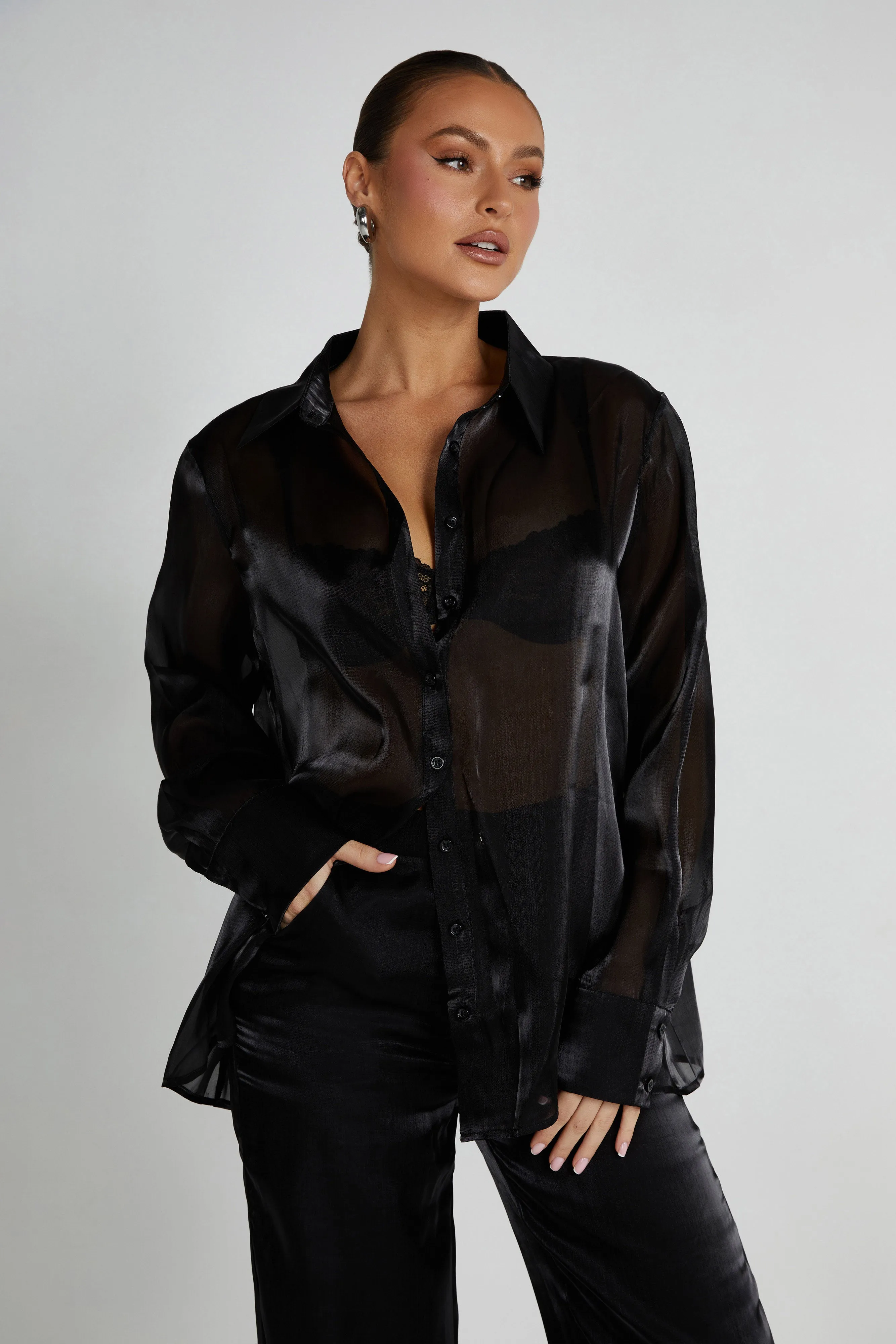 Kinsley Sheer Shirt - Black sold by Meshki
