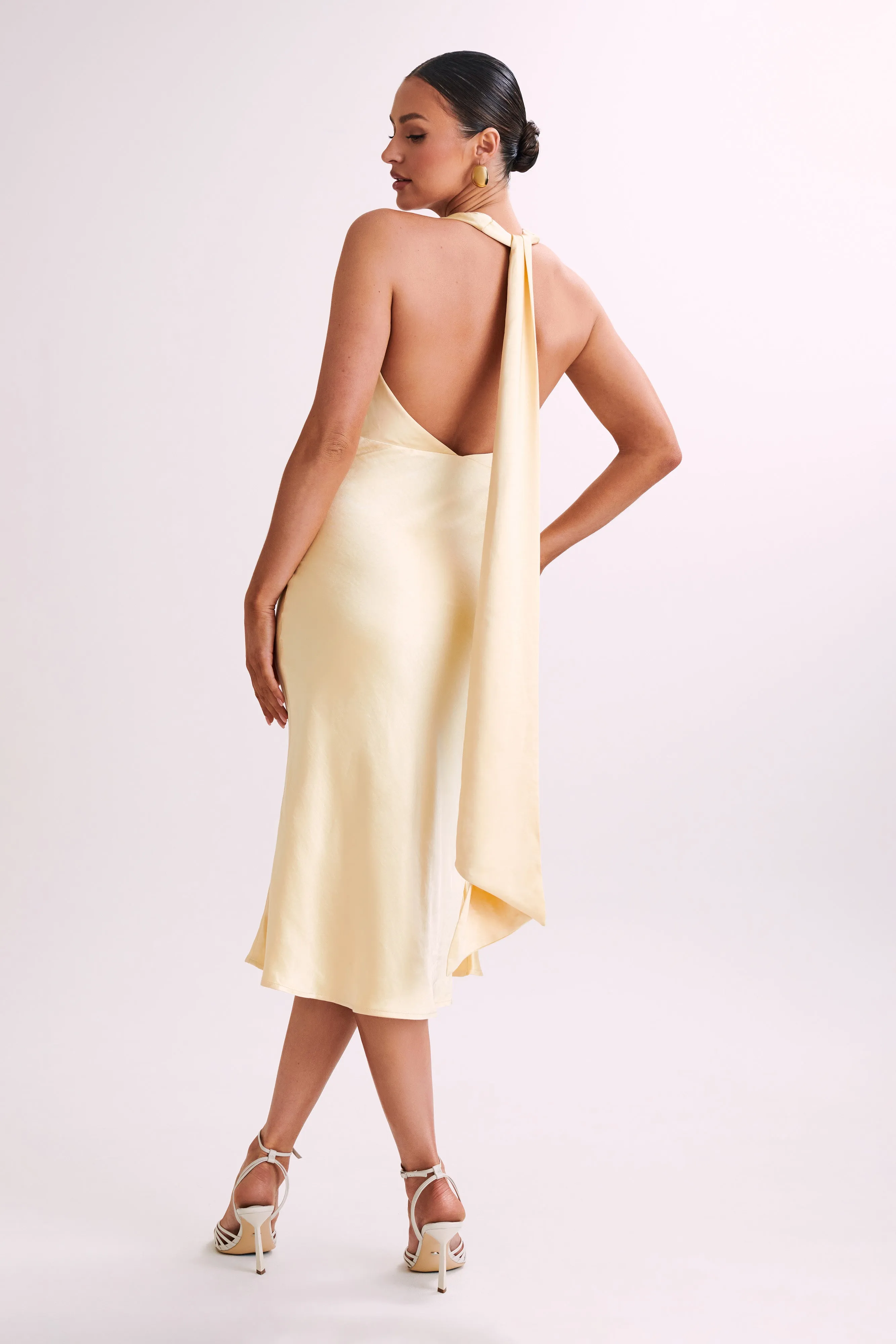Terri Satin Cowl Midi Dress - Butter sold by Meshki