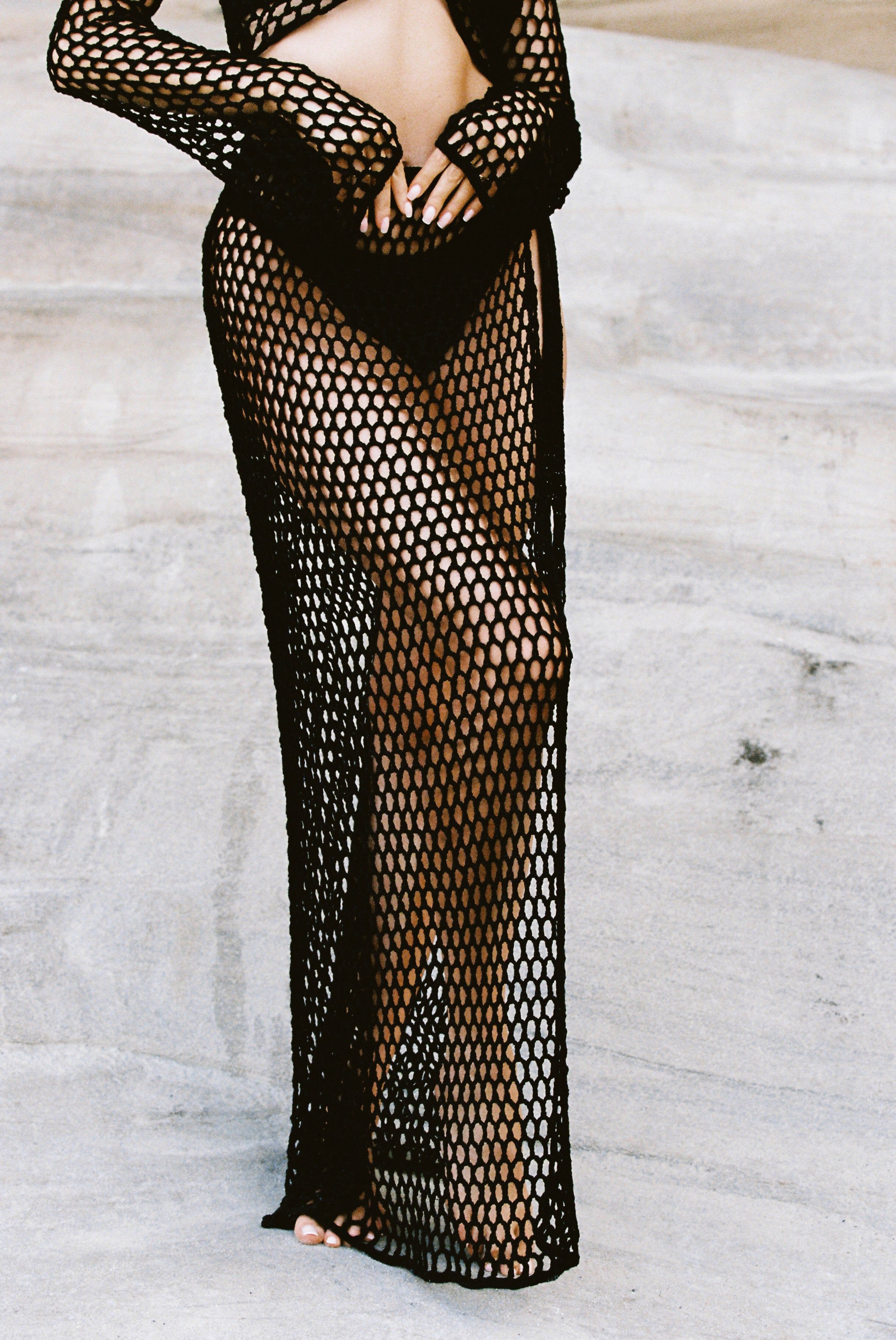 Hallie Tie Up Crochet Maxi Skirt - Black sold by Meshki