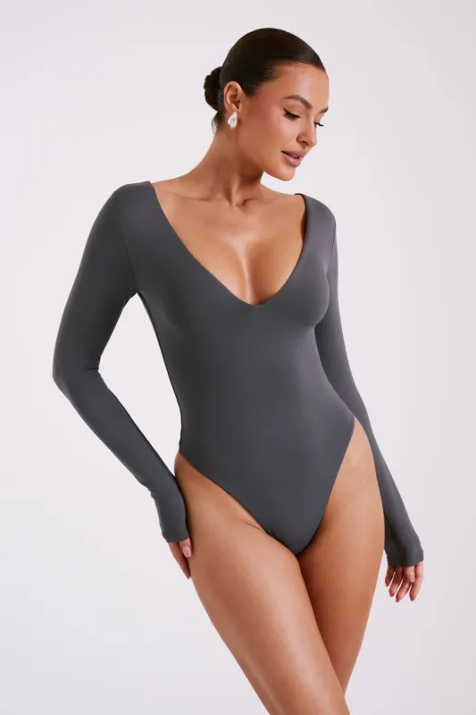 Nia Long Sleeve V Neck Bodysuit - Charcoal sold by Meshki