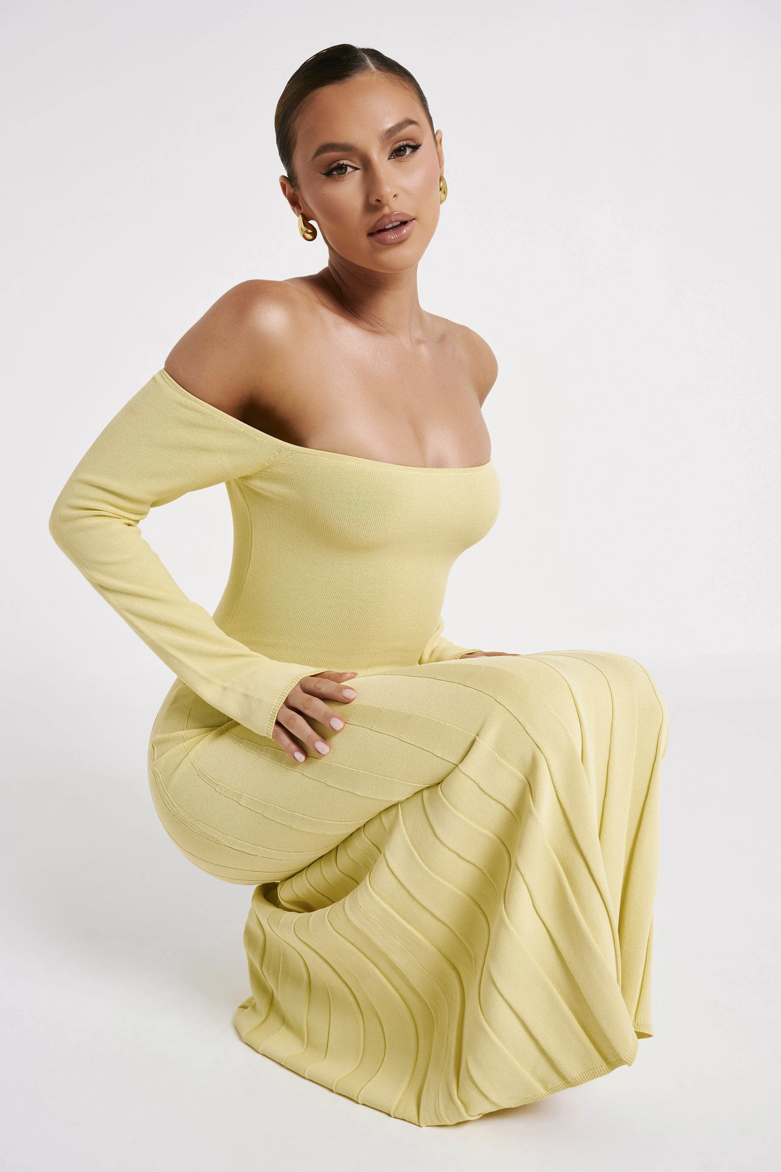 Emmeline Long Sleeve Rib Knit Midi Dress - Lemon sold by Meshki product image thumbnail 5