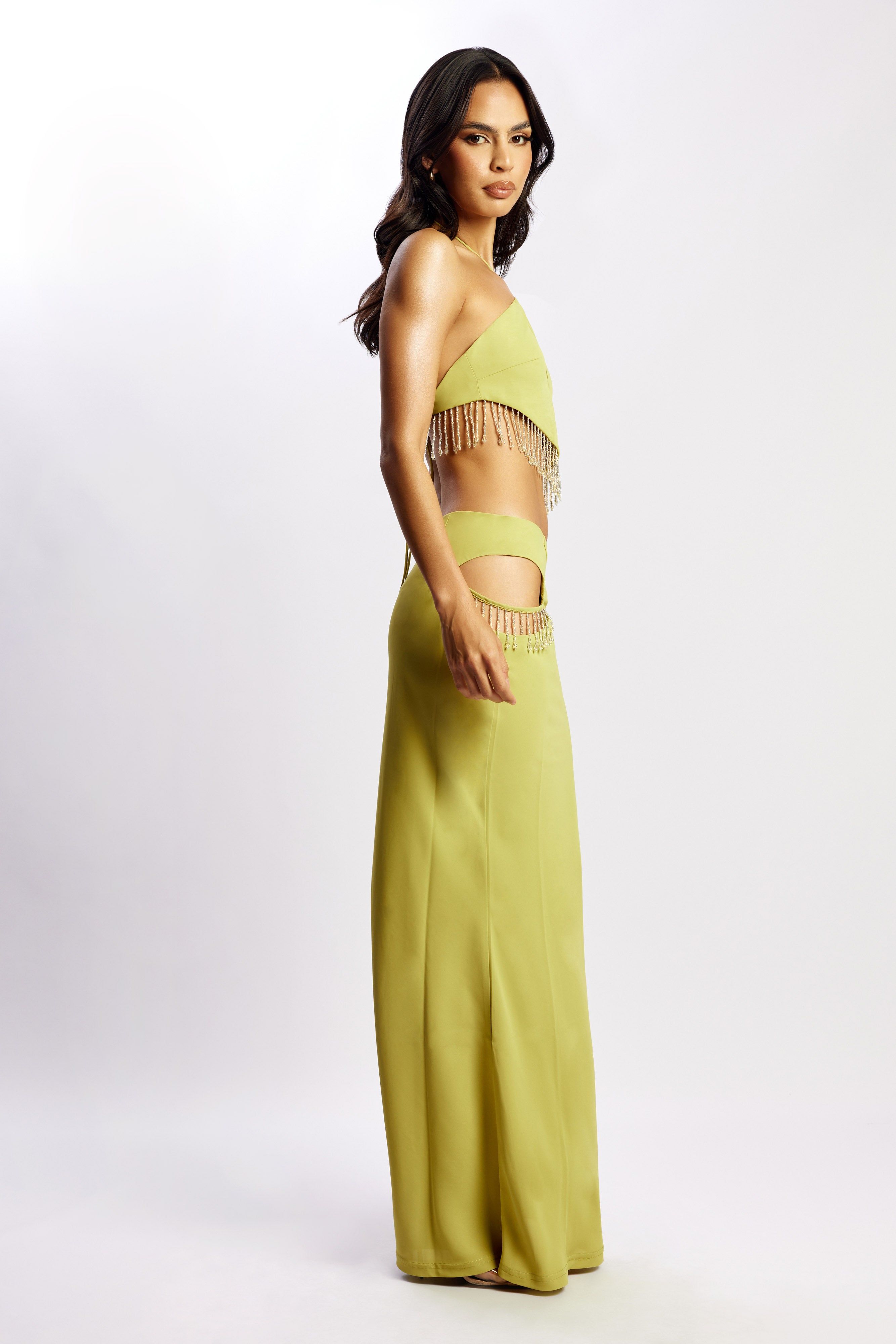 Jayleen Keyhole Triangle Halter Top With Fringe - Chartreuse sold by Meshki product image thumbnail 4