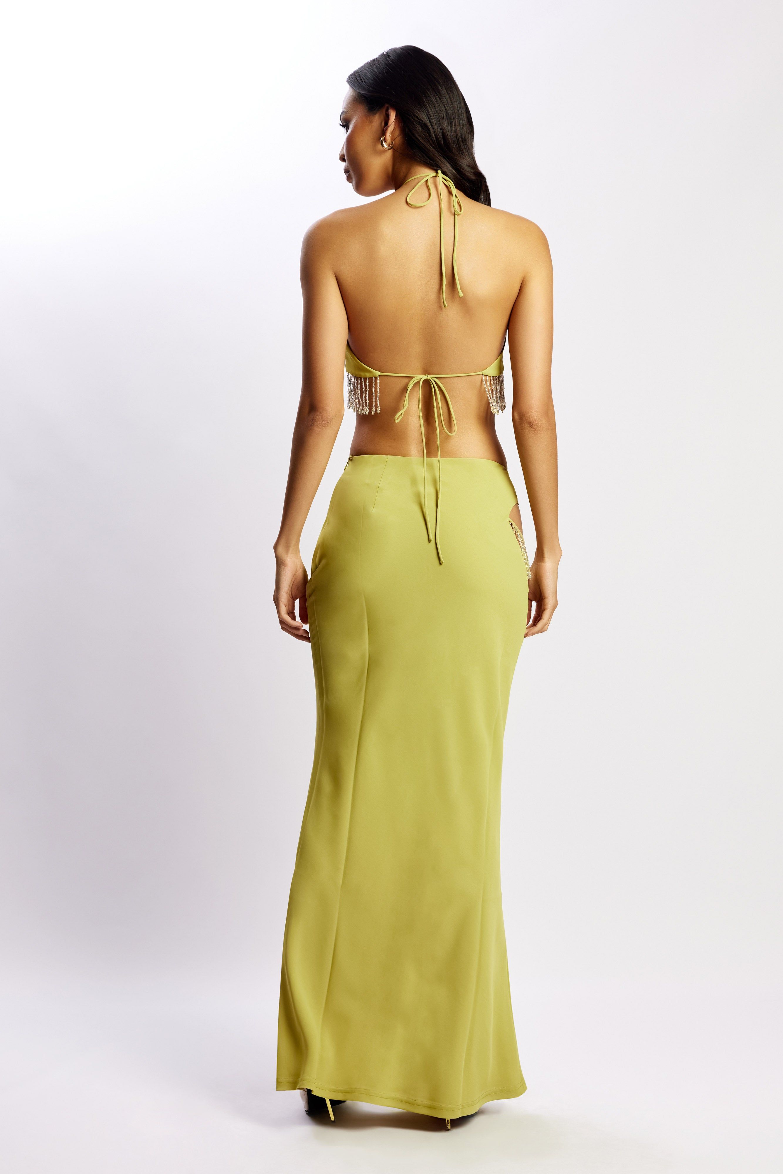 Jayleen Keyhole Triangle Halter Top With Fringe - Chartreuse sold by Meshki product image thumbnail 2