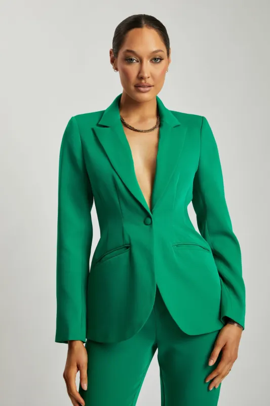 Helda Fitted Cinched Waist Blazer - Bottle Green sold by Meshki