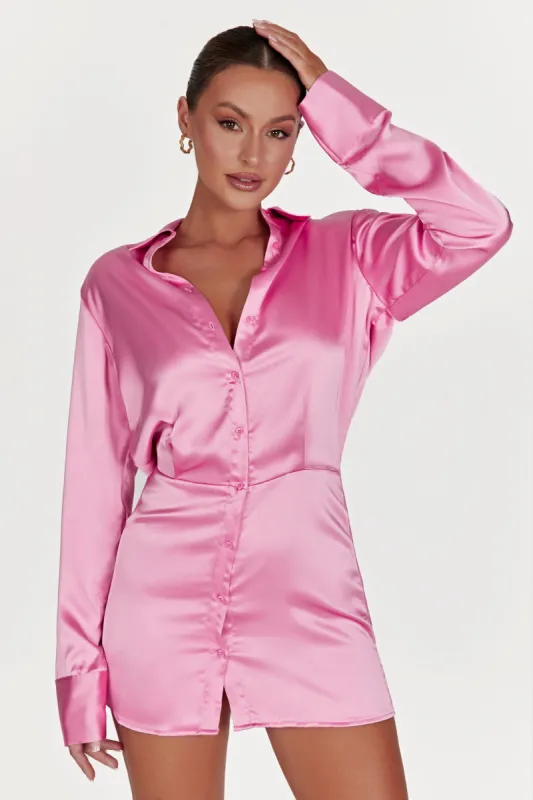 Brielle Satin Shirt Dress - Bubblegum Pink sold by Meshki