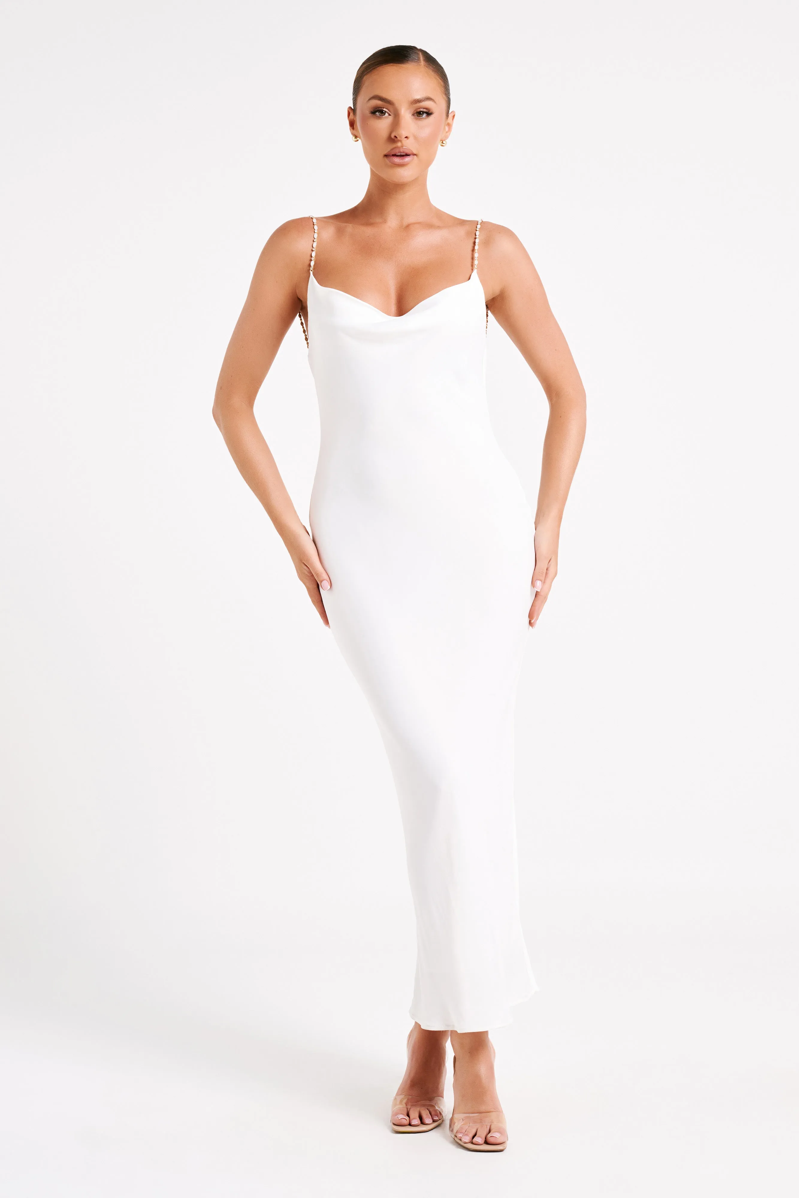 Adela Cowl Midi Dress With Pearl Trim - White sold by Meshki product image thumbnail 5