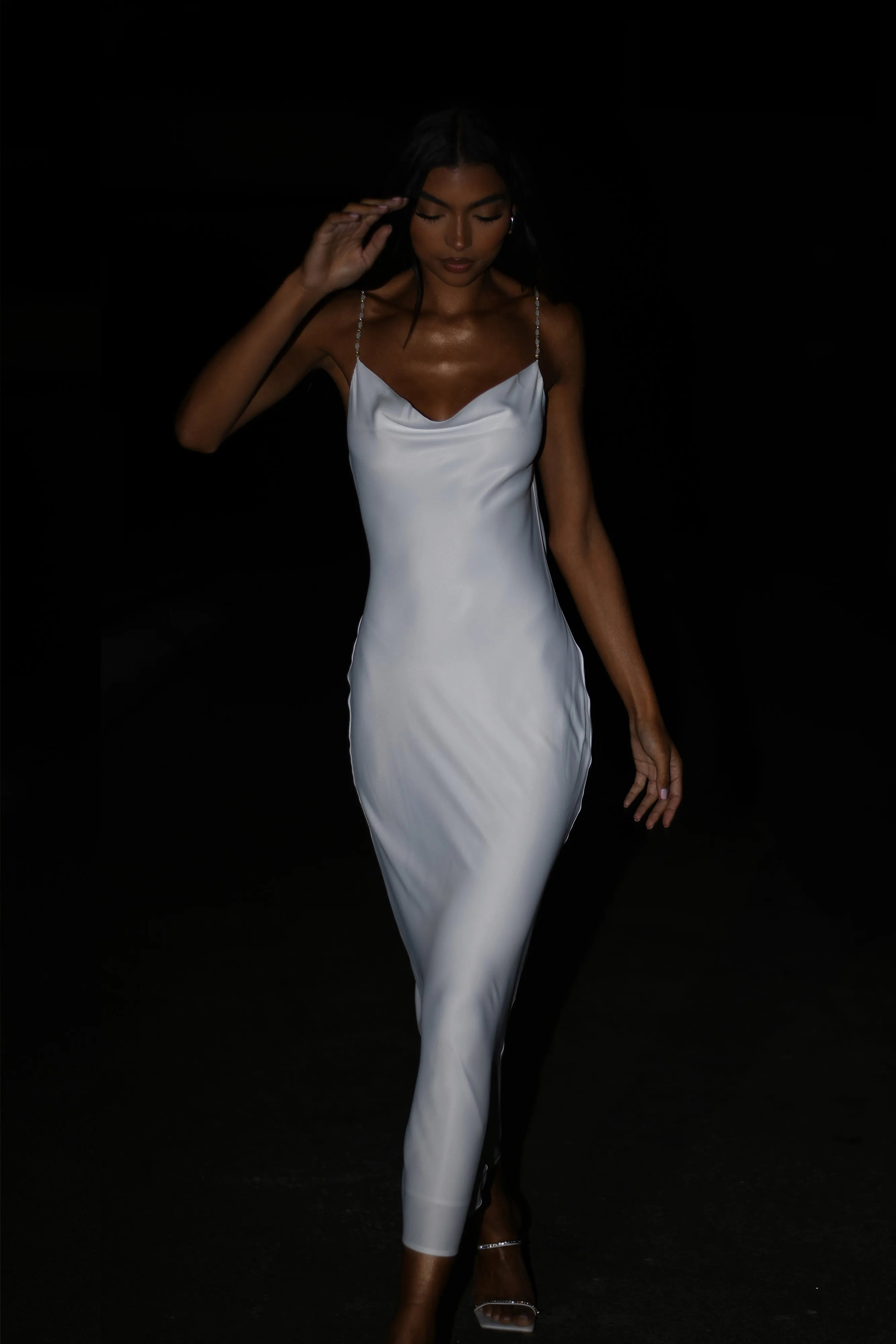 Adela Cowl Midi Dress With Pearl Trim - White sold by Meshki product image thumbnail 2