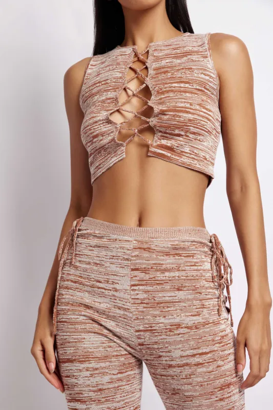 Angelica Lace Up Knit Crop Top - Brown Space Dye sold by Meshki