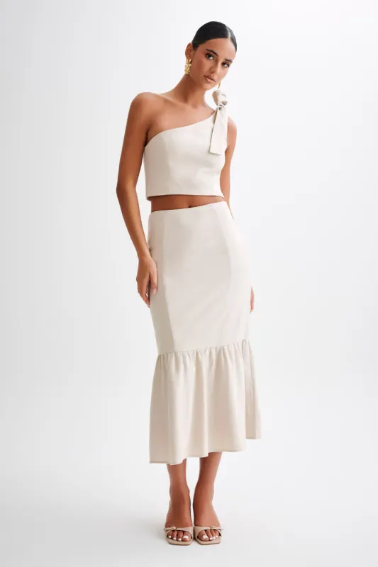 Venezia Linen Midi Skirt With Ruffle - Natural sold by Meshki