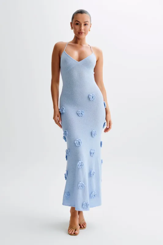 Suki Knit Maxi Dress With Flowers - Light Blue sold by Meshki