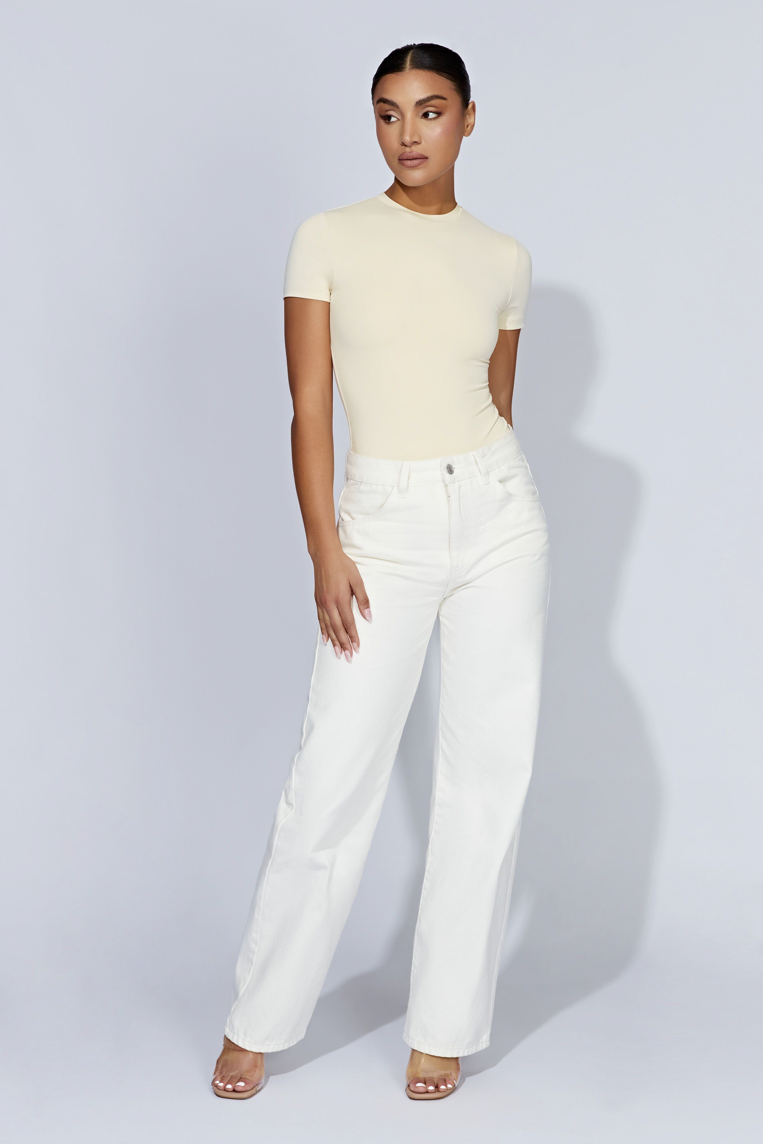 Francesca Crew Neck Short Sleeve Bodysuit - Cream sold by Meshki product image thumbnail 3