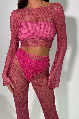 Hilton Diamante Mesh Cowl Top - Rose Pink sold by Meshki