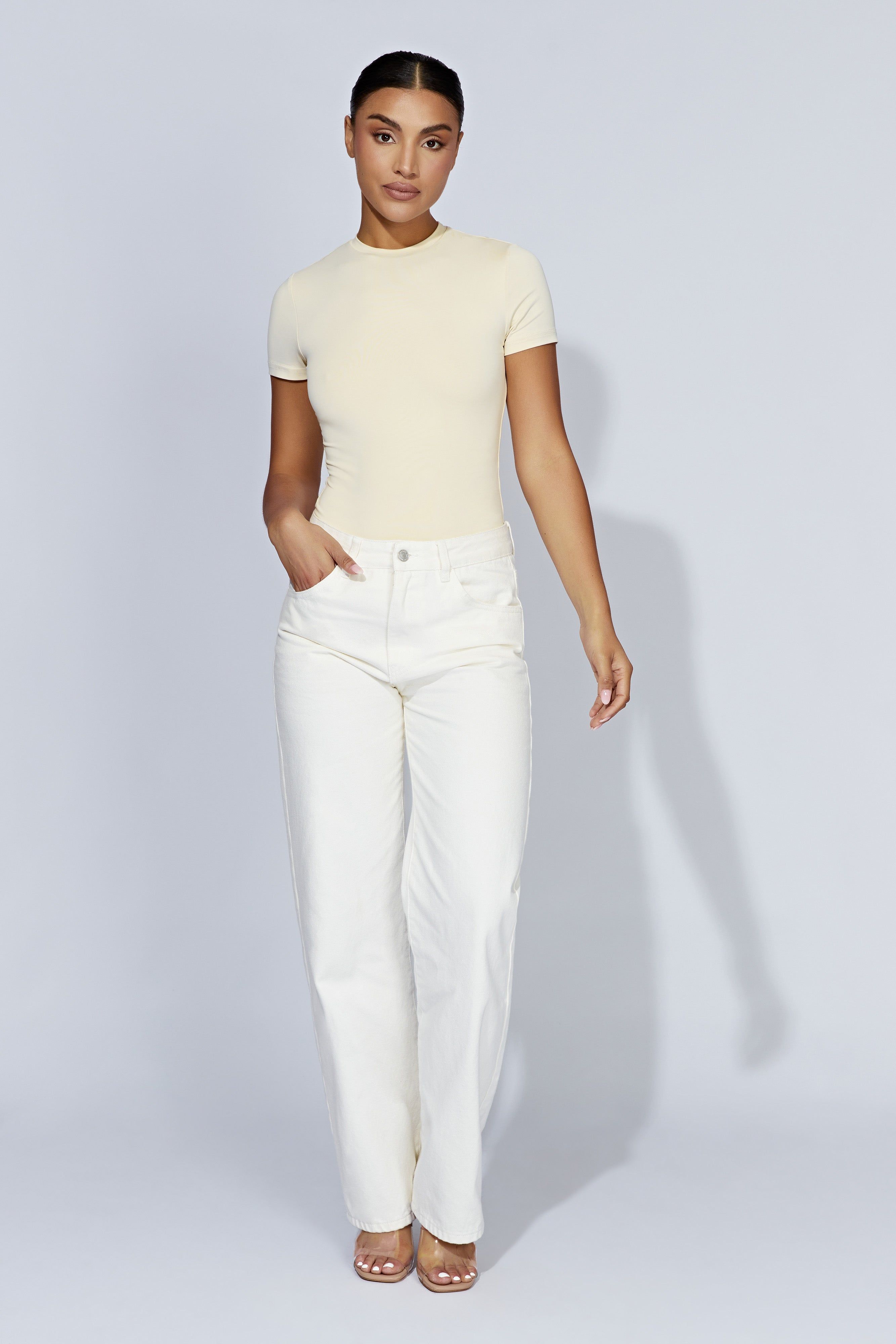 Francesca Crew Neck Short Sleeve Bodysuit - Cream sold by Meshki product image thumbnail 5