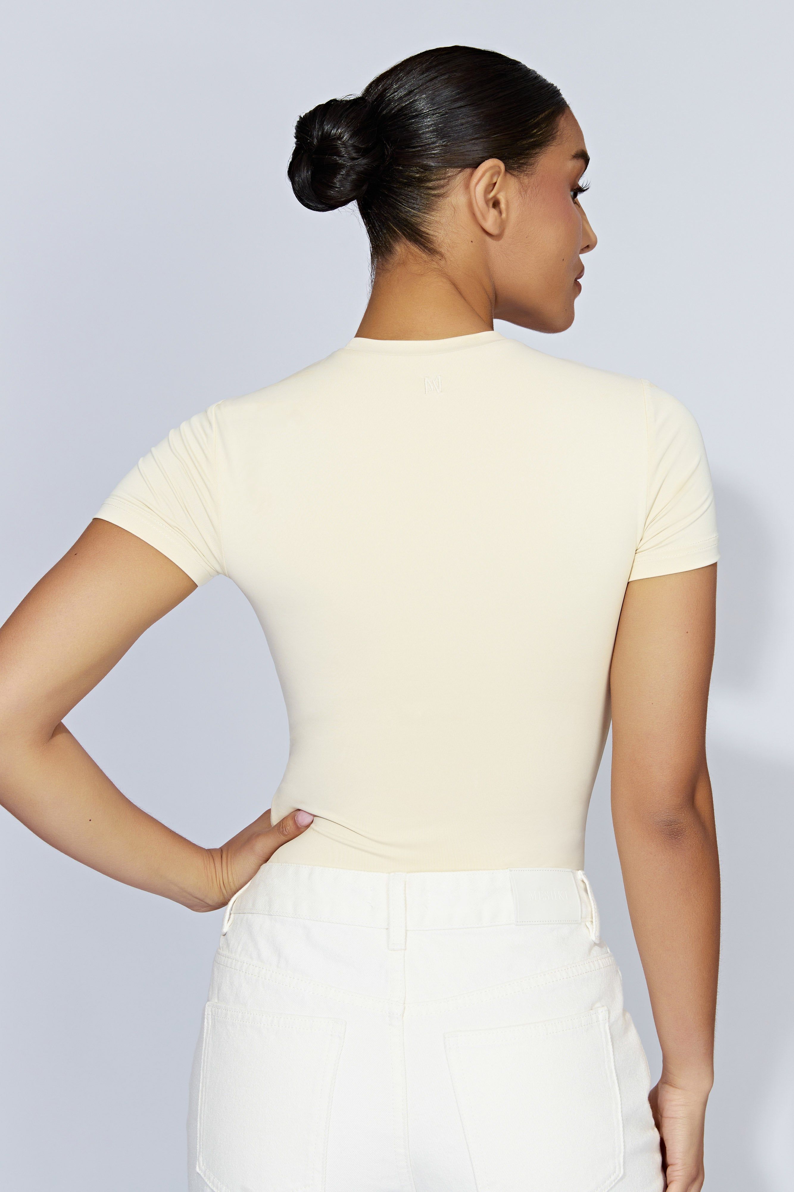 Francesca Crew Neck Short Sleeve Bodysuit - Cream sold by Meshki product image thumbnail 2