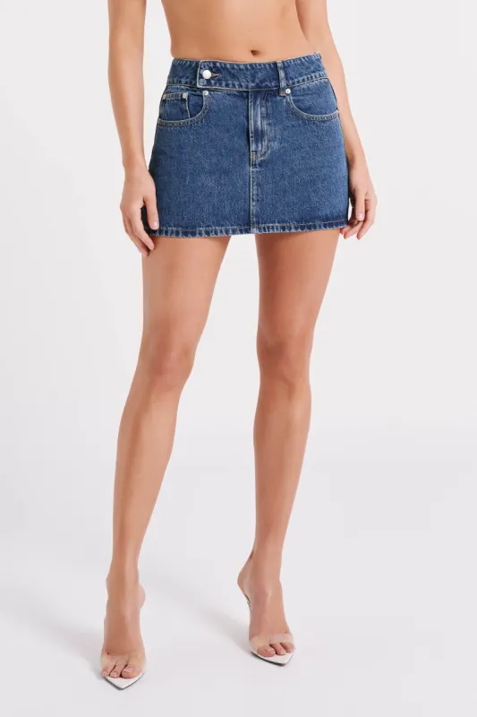 Julienne Denim Mini Skirt - Dark Blue sold by Meshki