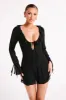 Deja Long Sleeve Chiffon Mini Dress - Black sold by Meshki