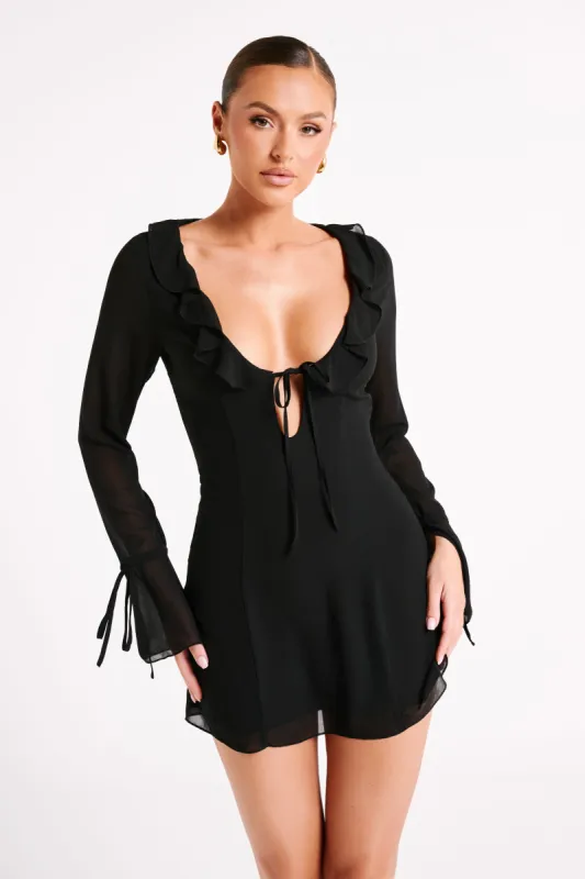 Deja Long Sleeve Chiffon Mini Dress - Black sold by Meshki