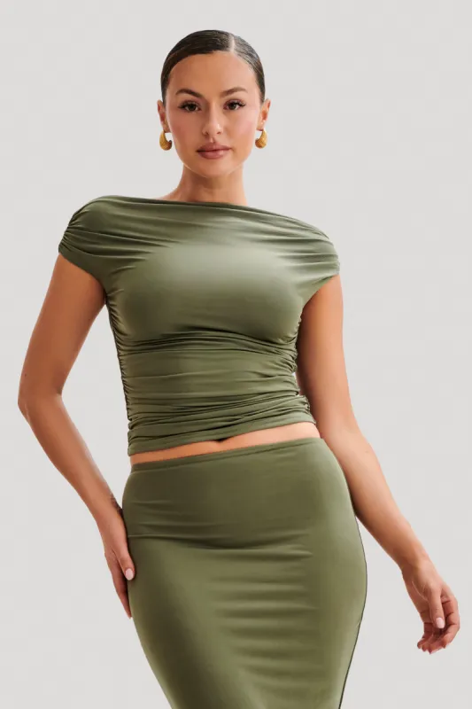Alayna Slinky Ruched Top - Olive sold by Meshki
