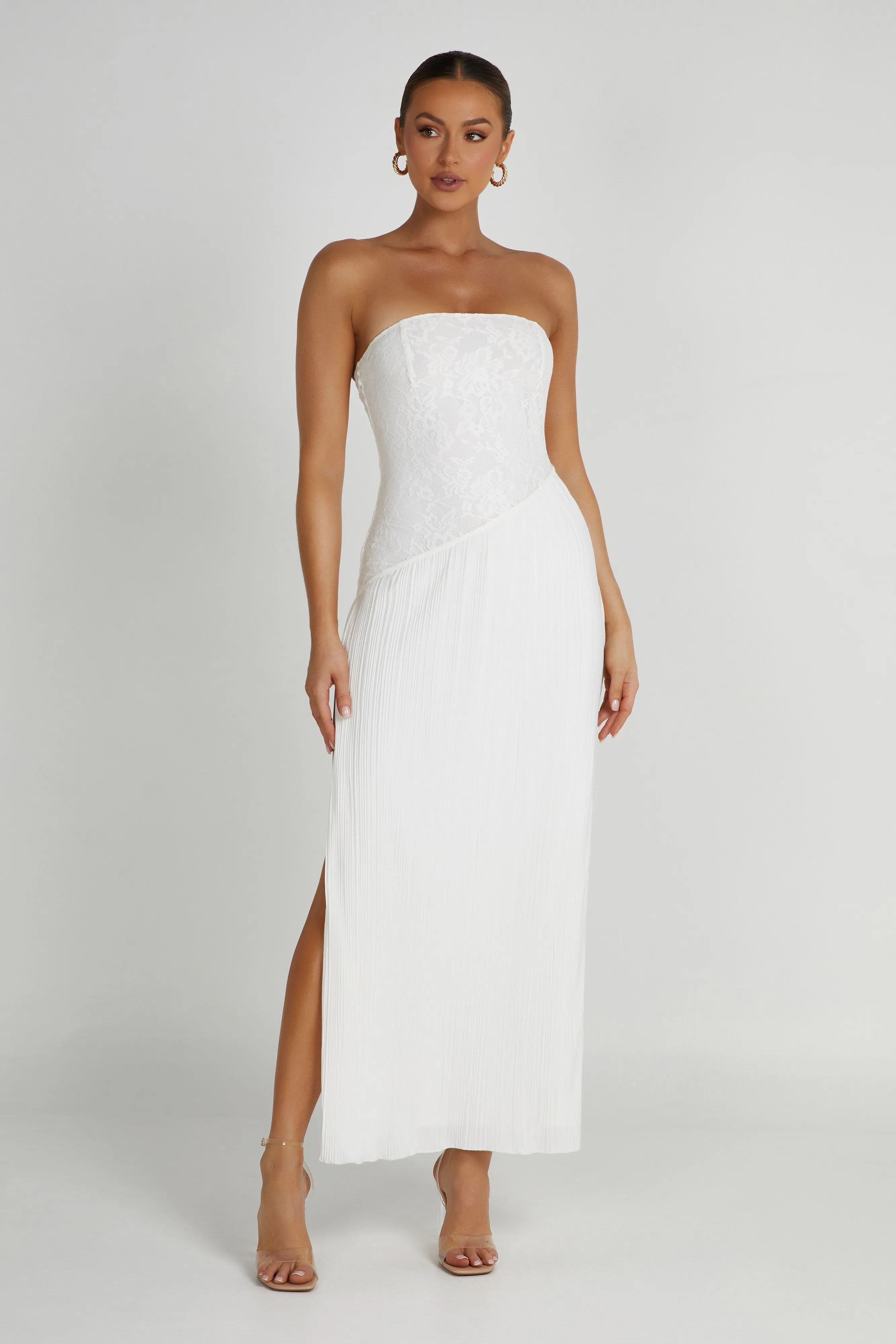 Skye Lace Plisse Strapless Midi Dress - White sold by Meshki