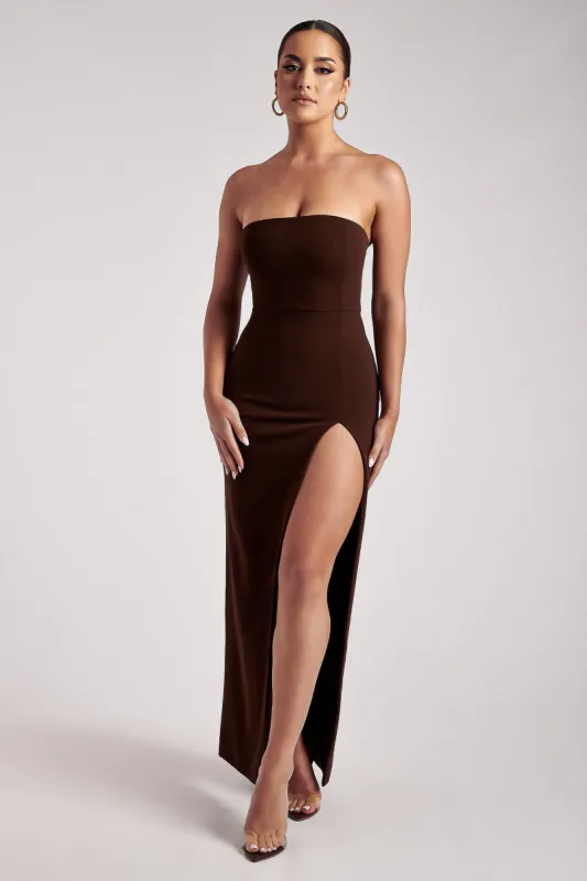 Rachel Maxi Split Front Dress - Chocolate sold by Meshki