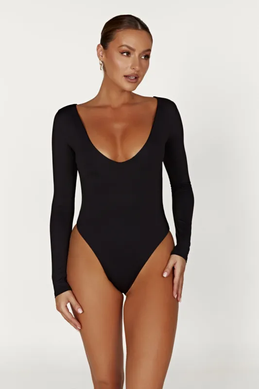Nia Long Sleeve V Neck Bodysuit - Black sold by Meshki