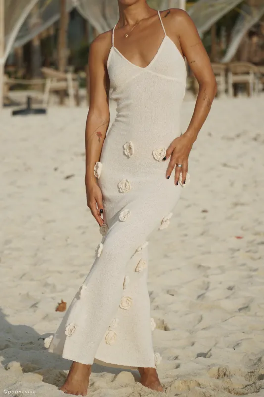 Suki Knit Maxi Dress With Flowers - Nude sold by Meshki