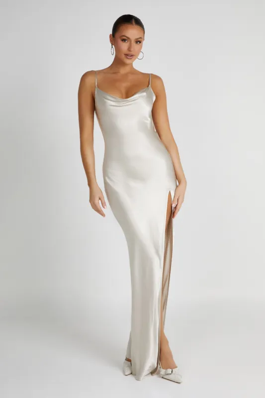 Jade Cowl Neck Backless Maxi Dress - Sand sold by Meshki