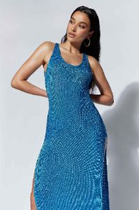 Maryam Knit Maxi Dress With Side Split - Azure Blue sold by Meshki