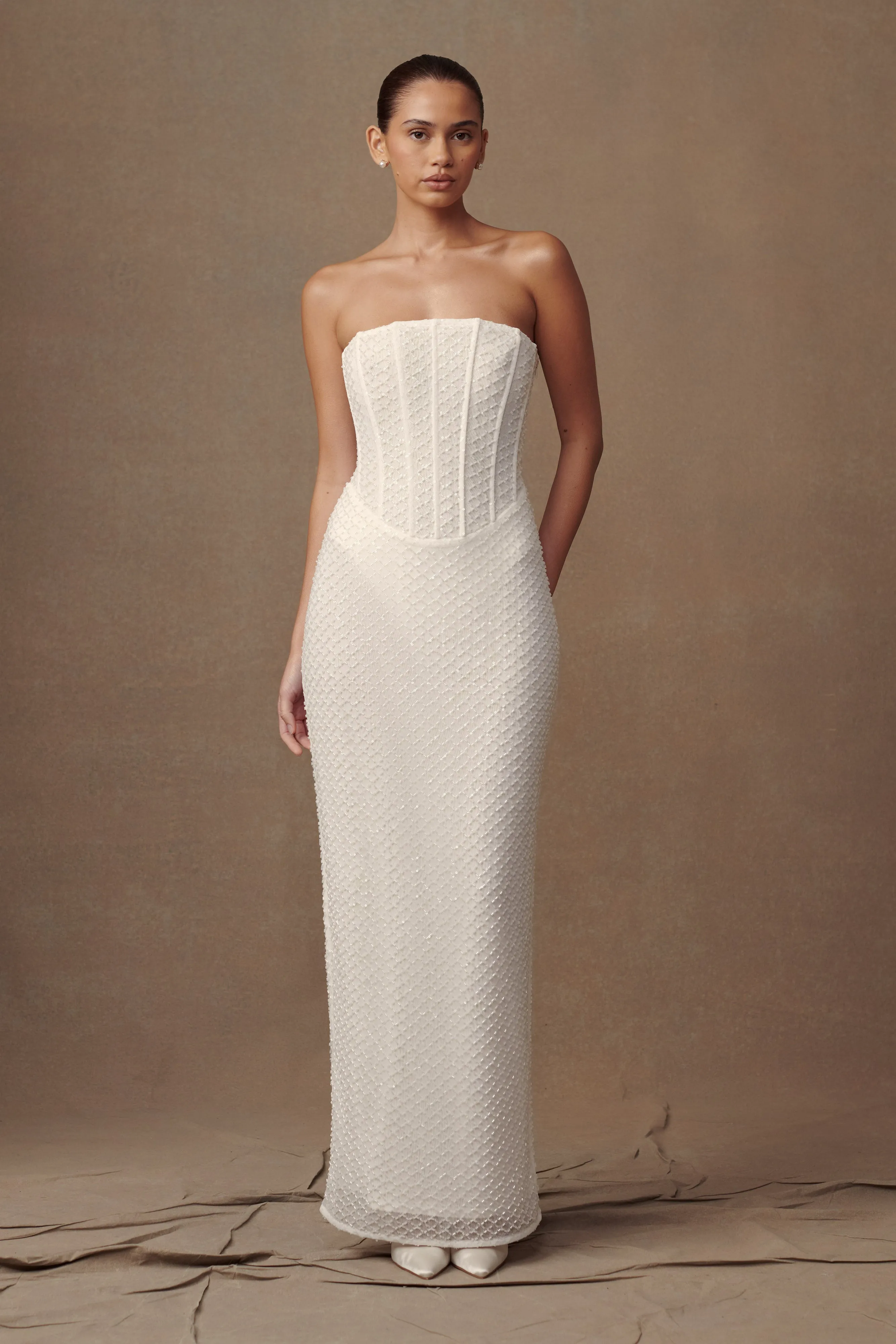 Gemma Strapless Sequin Maxi Dress - White sold by Meshki