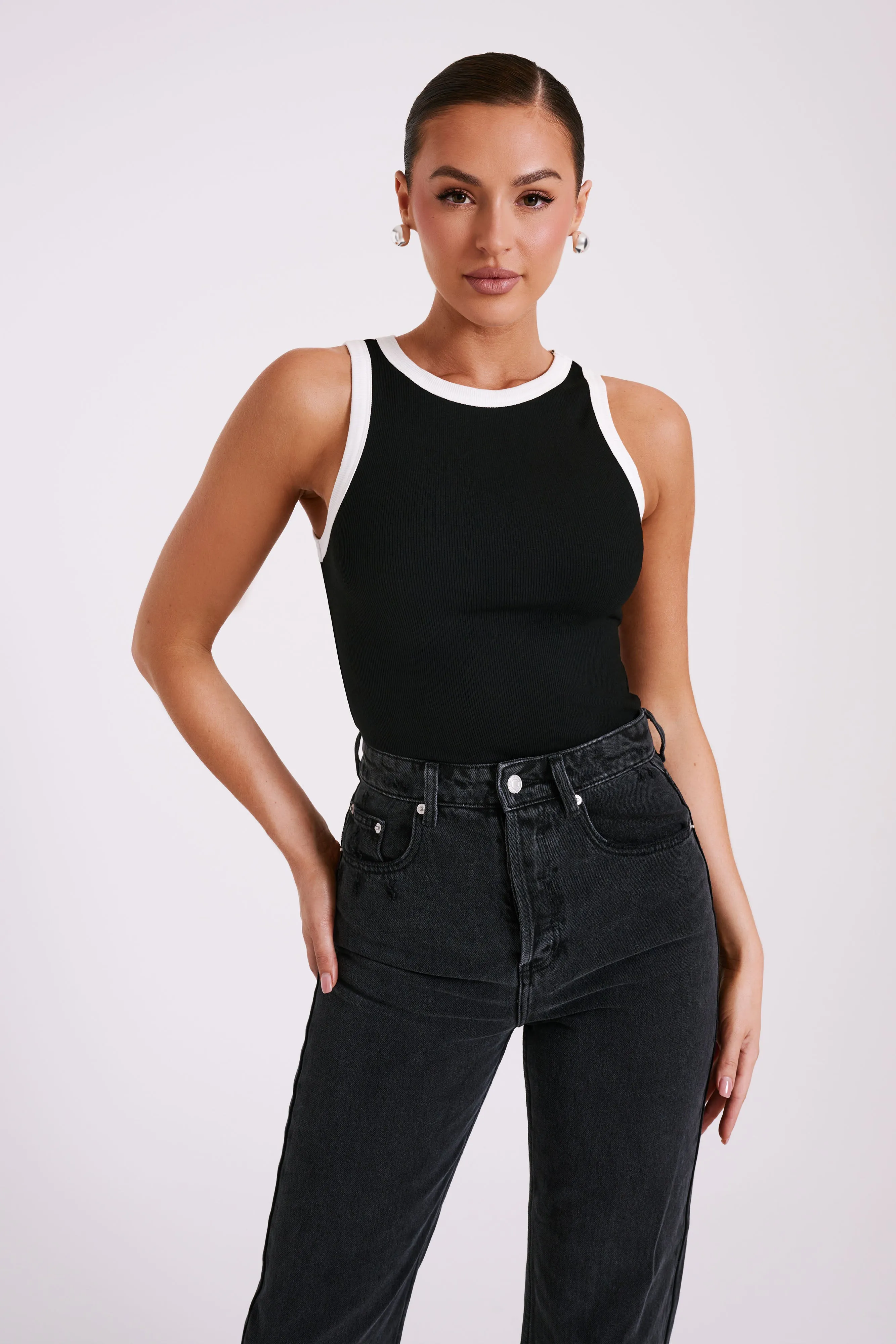 Zanna Contrast Ribbed Tank Top - Black/White sold by Meshki