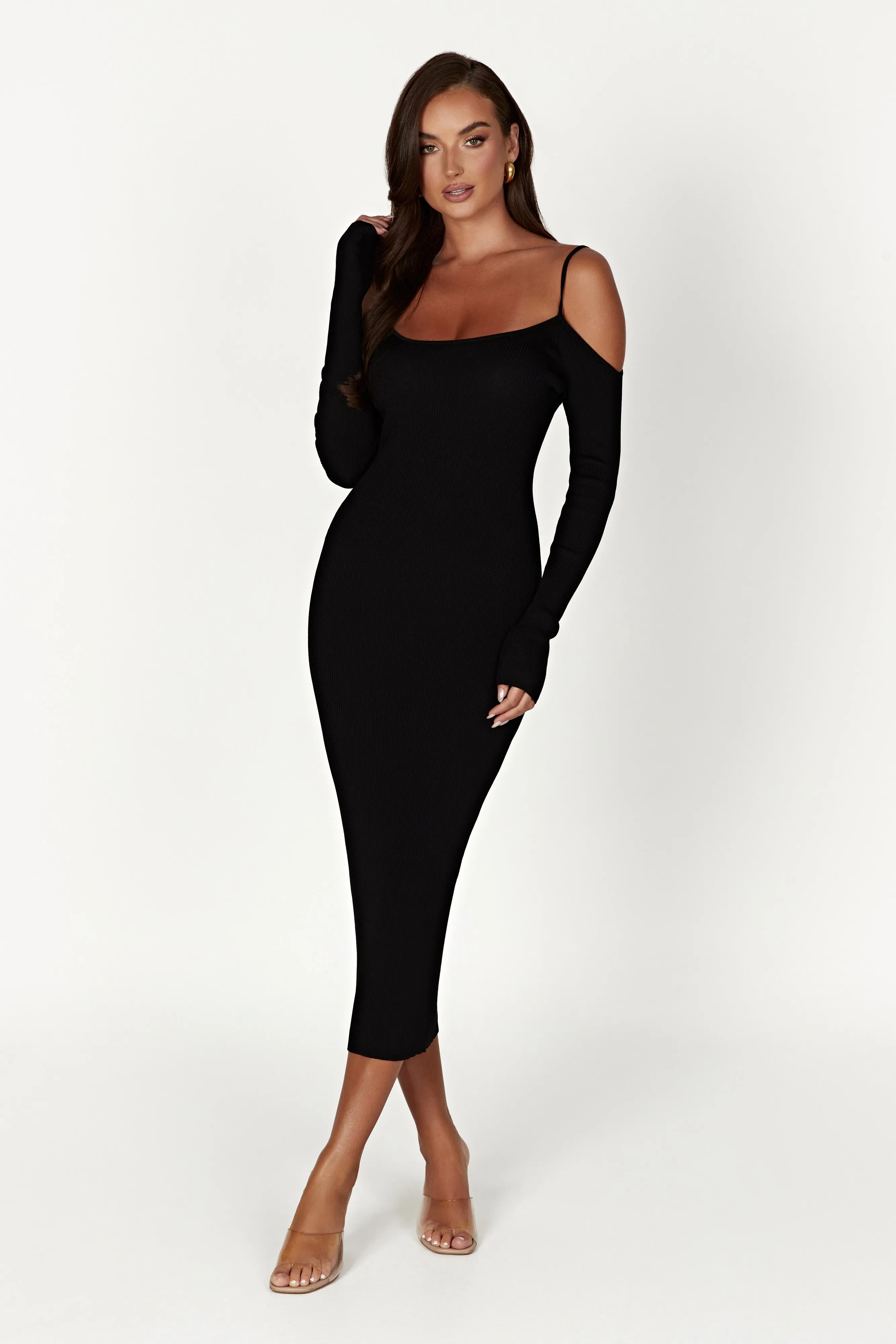 Shea Off Shoulder Knit Midi Dress - Black sold by Meshki