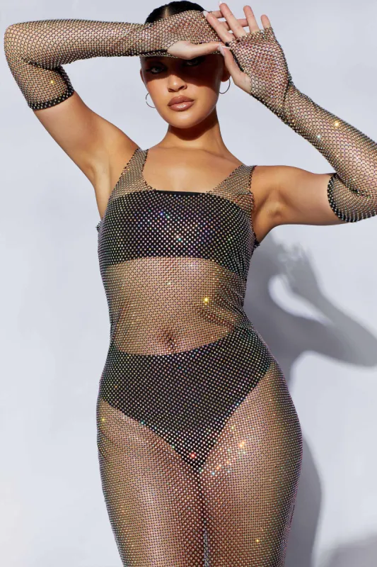 Tara Diamante Mesh Gloves - Black sold by Meshki