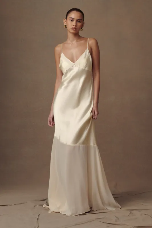 Evelyn Iridescent Satin Maxi Dress - Lemon Sorbet sold by Meshki