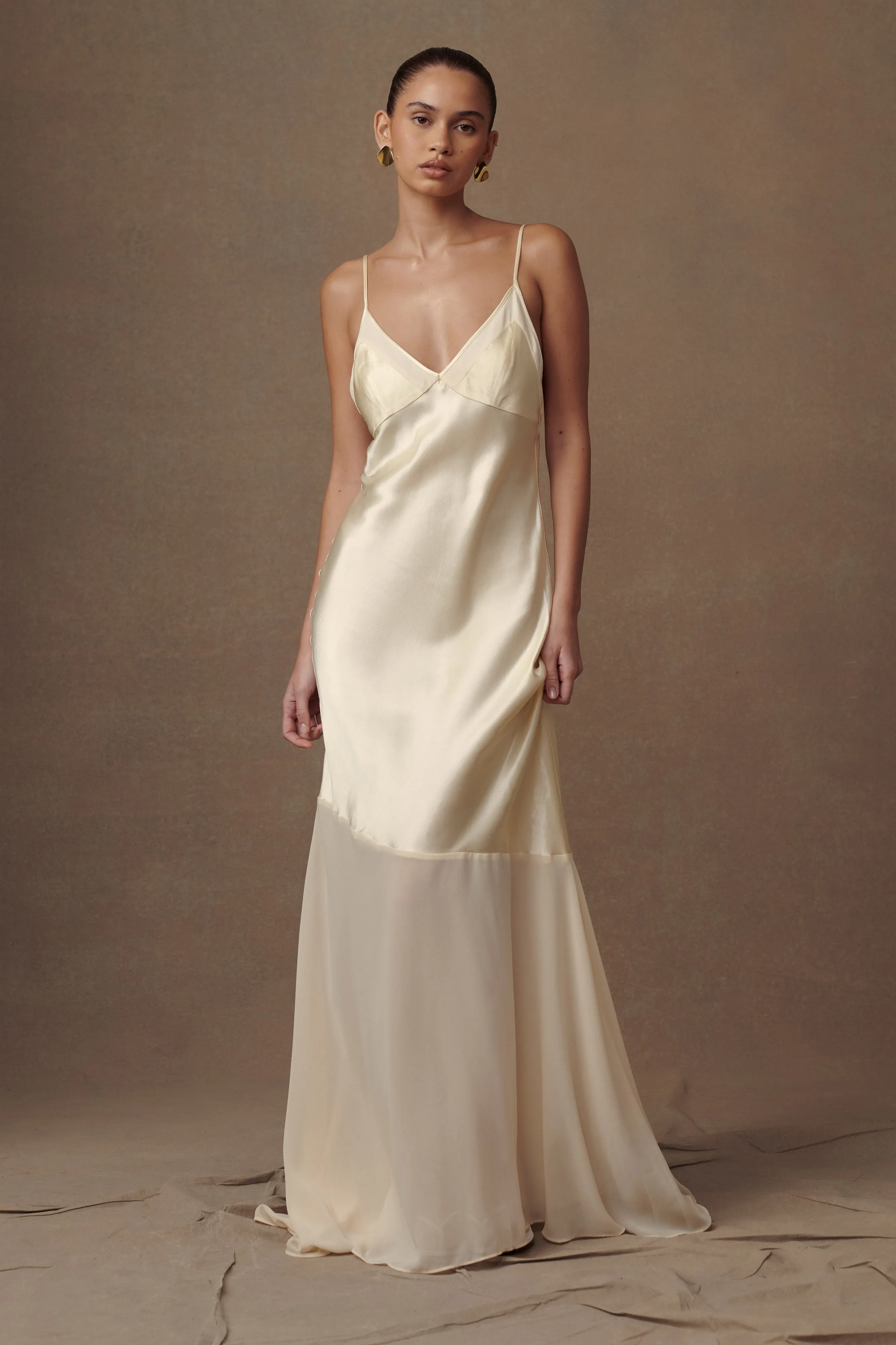 Evelyn Iridescent Satin Maxi Dress - Lemon Sorbet sold by Meshki