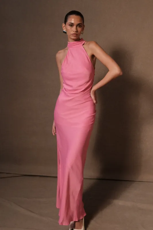 Claire Satin Drape Back Maxi Dress with Split - Pink sold by Meshki