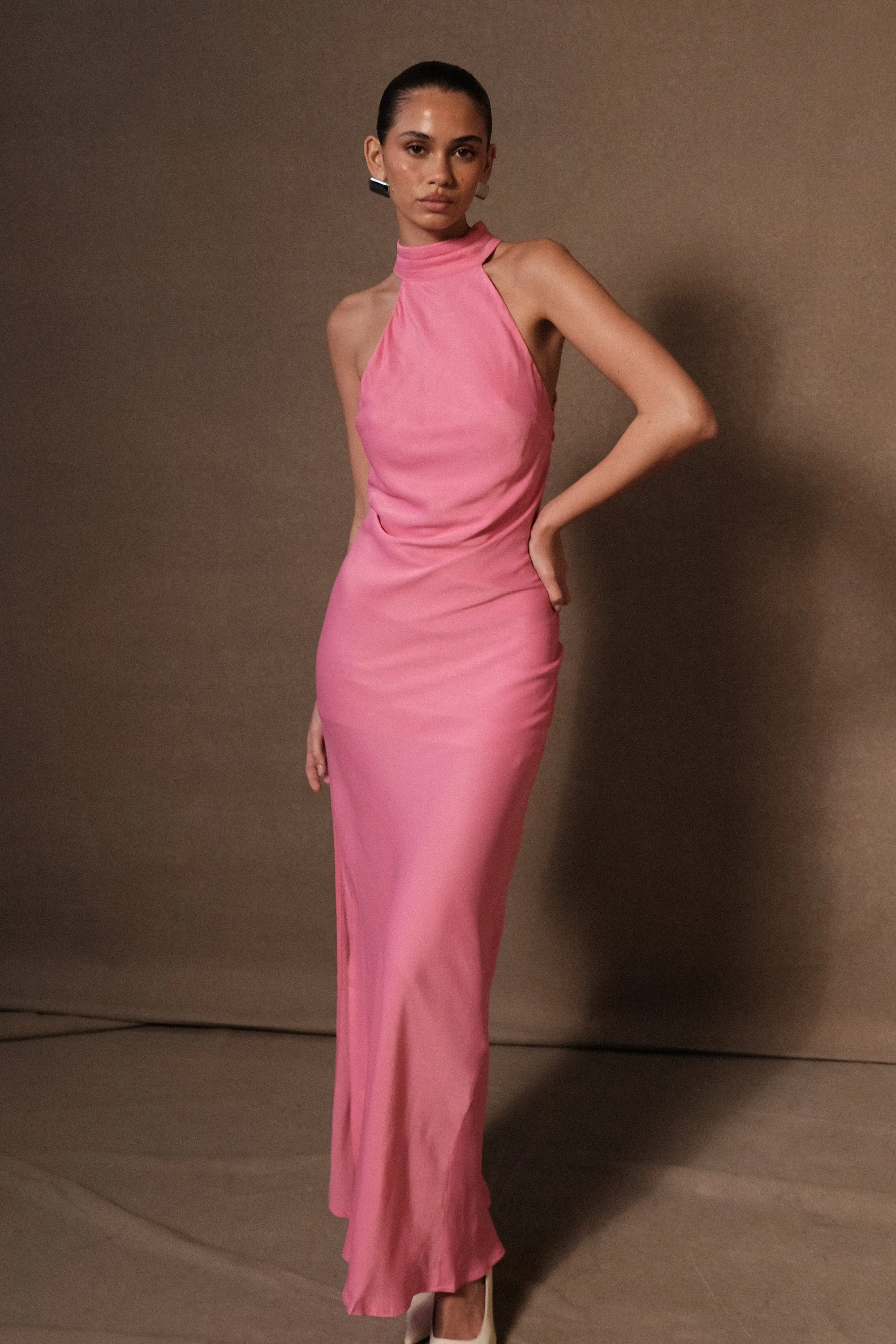 Claire Satin Drape Back Maxi Dress with Split - Pink sold by Meshki