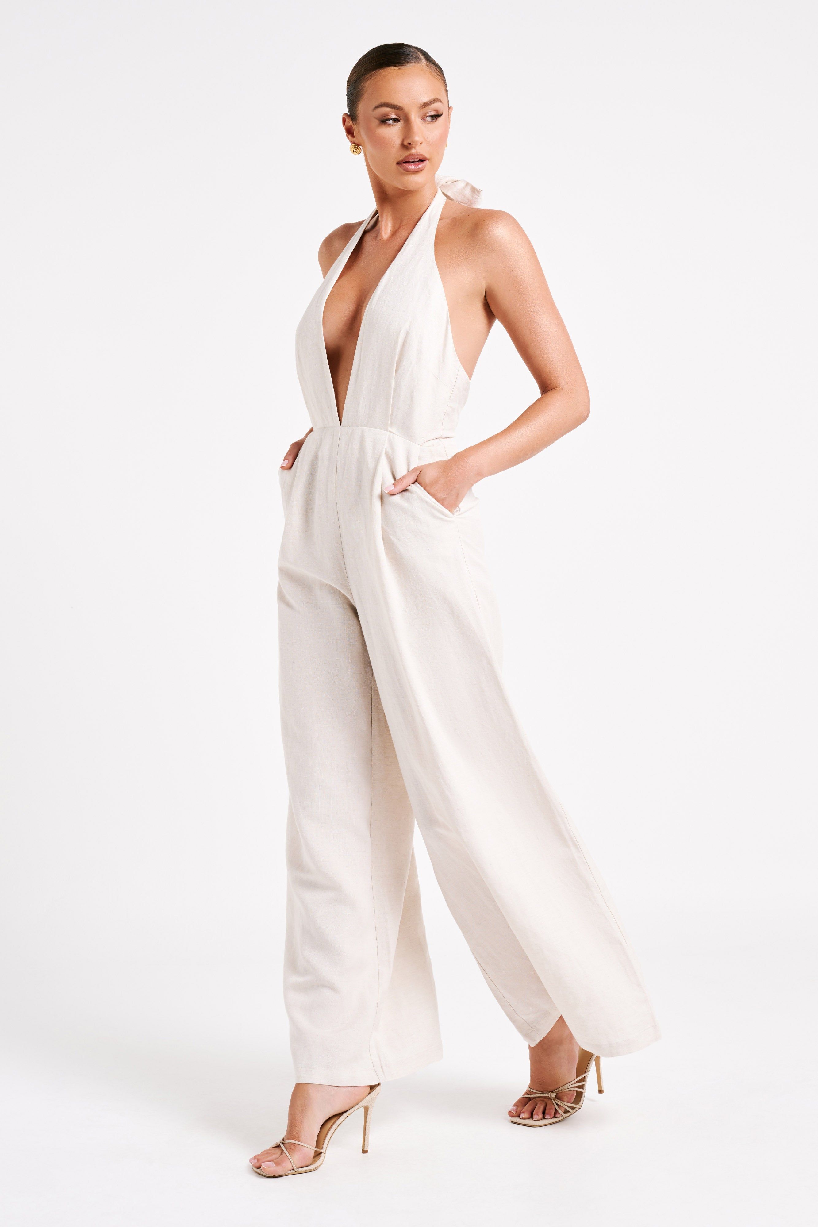 Blanca Linen Halter Jumpsuit - Natural sold by Meshki product image thumbnail 4
