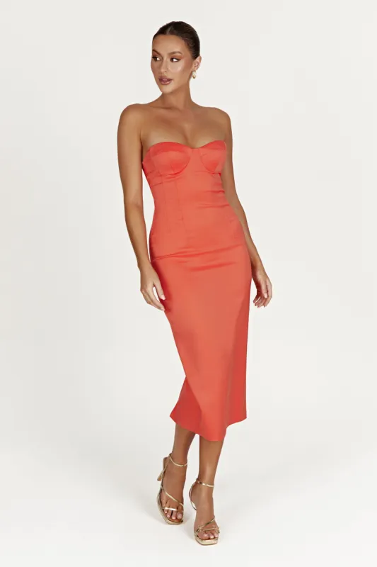 Bryony Cupped Bodycon Midi Dress - Coral sold by Meshki