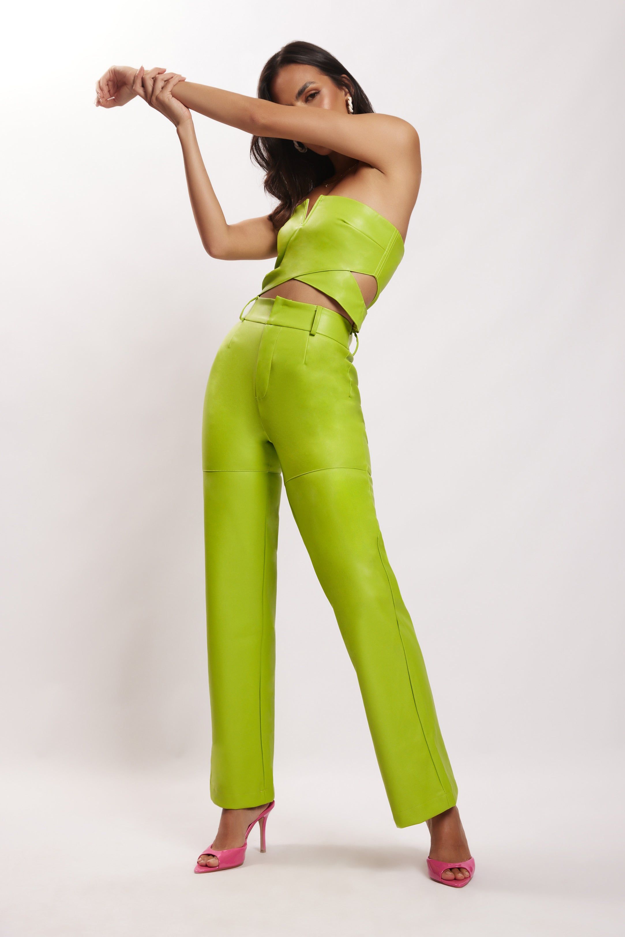 Perrie Faux Leather Cut Out Crop Top - Lime Green sold by Meshki product image thumbnail 6