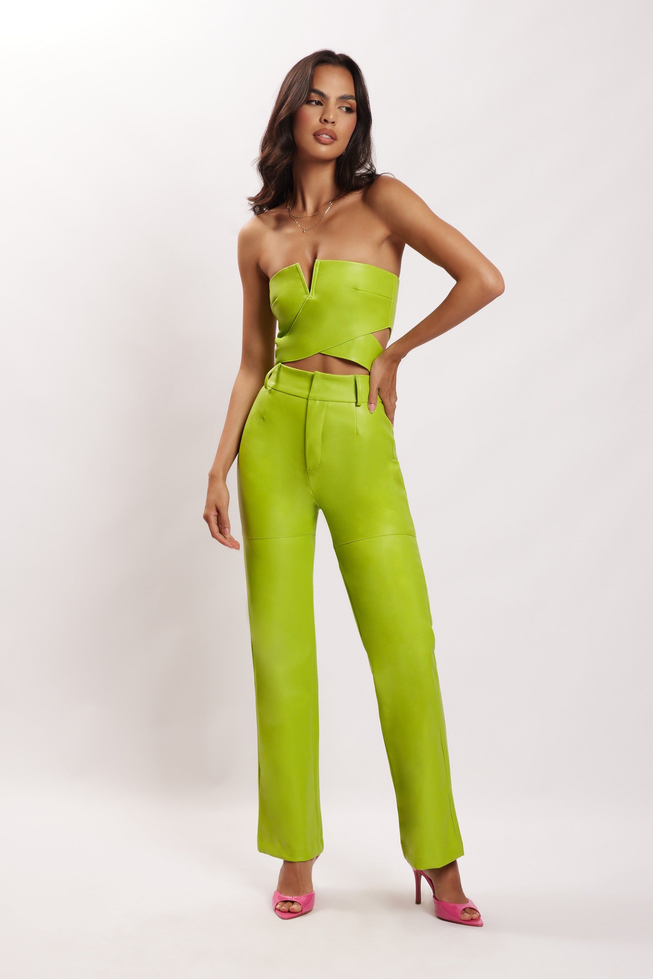 Perrie Faux Leather Cut Out Crop Top - Lime Green sold by Meshki product image thumbnail 8